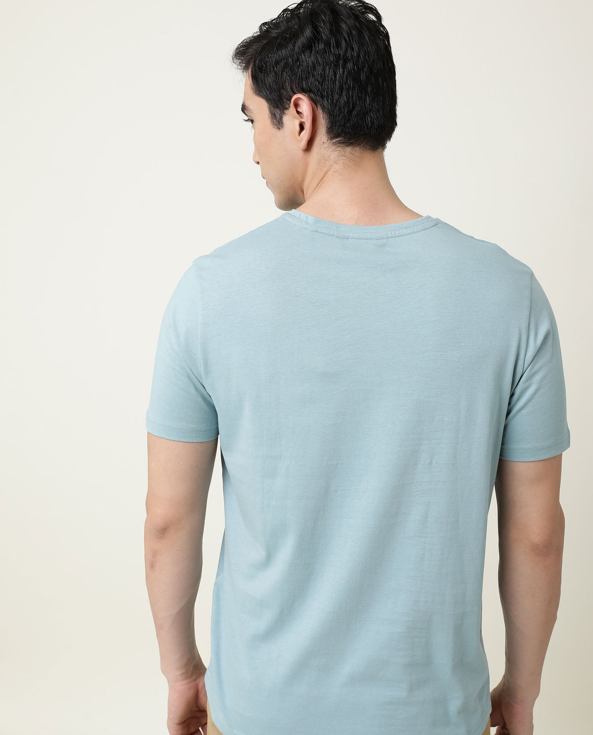 Rare Rabbit Entre Primary Blue Solid V-Neck With Branding on Sleeves Half Sleeves Regular Fit T-Shirt