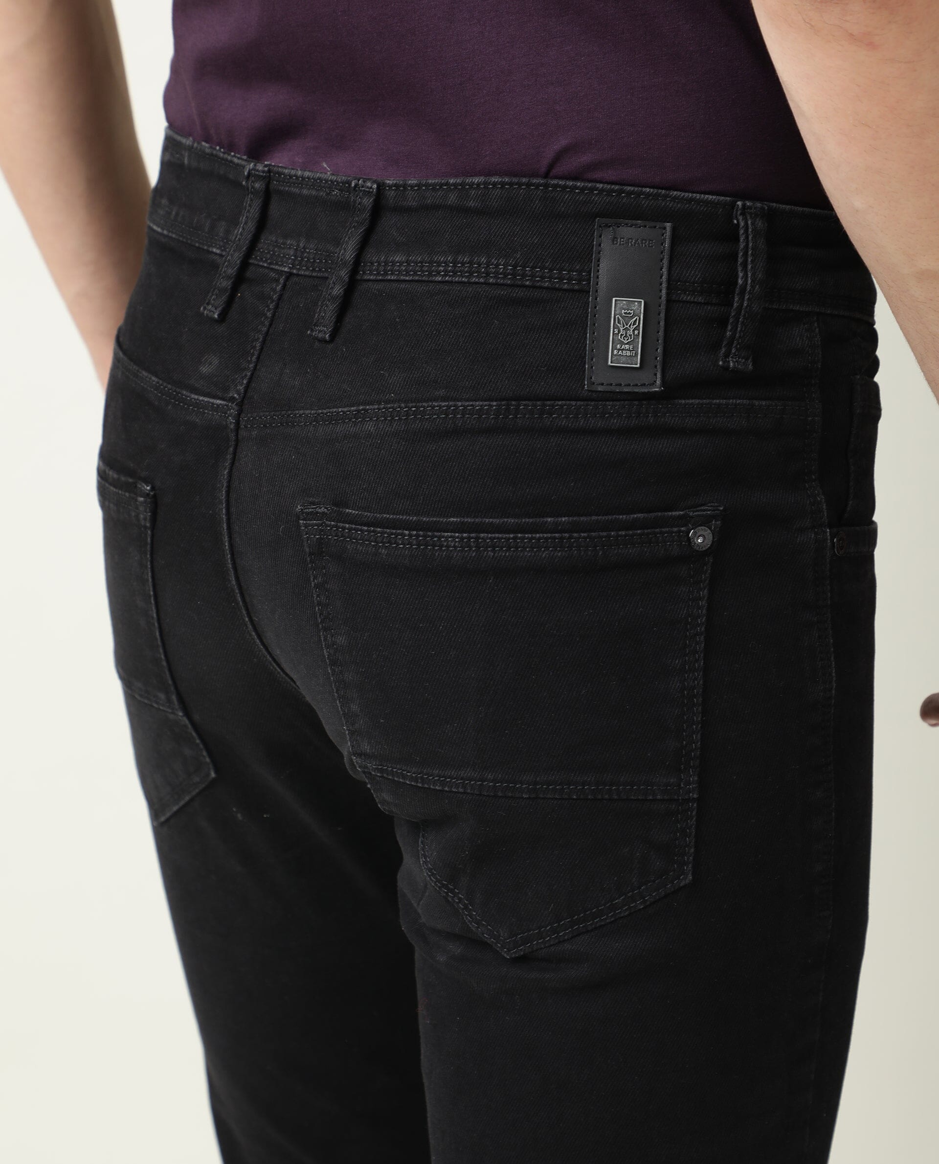 Rare Rabbit Men's Double Black 2 Black Rinse Wash Mid-Rise Slim Fit Jeans