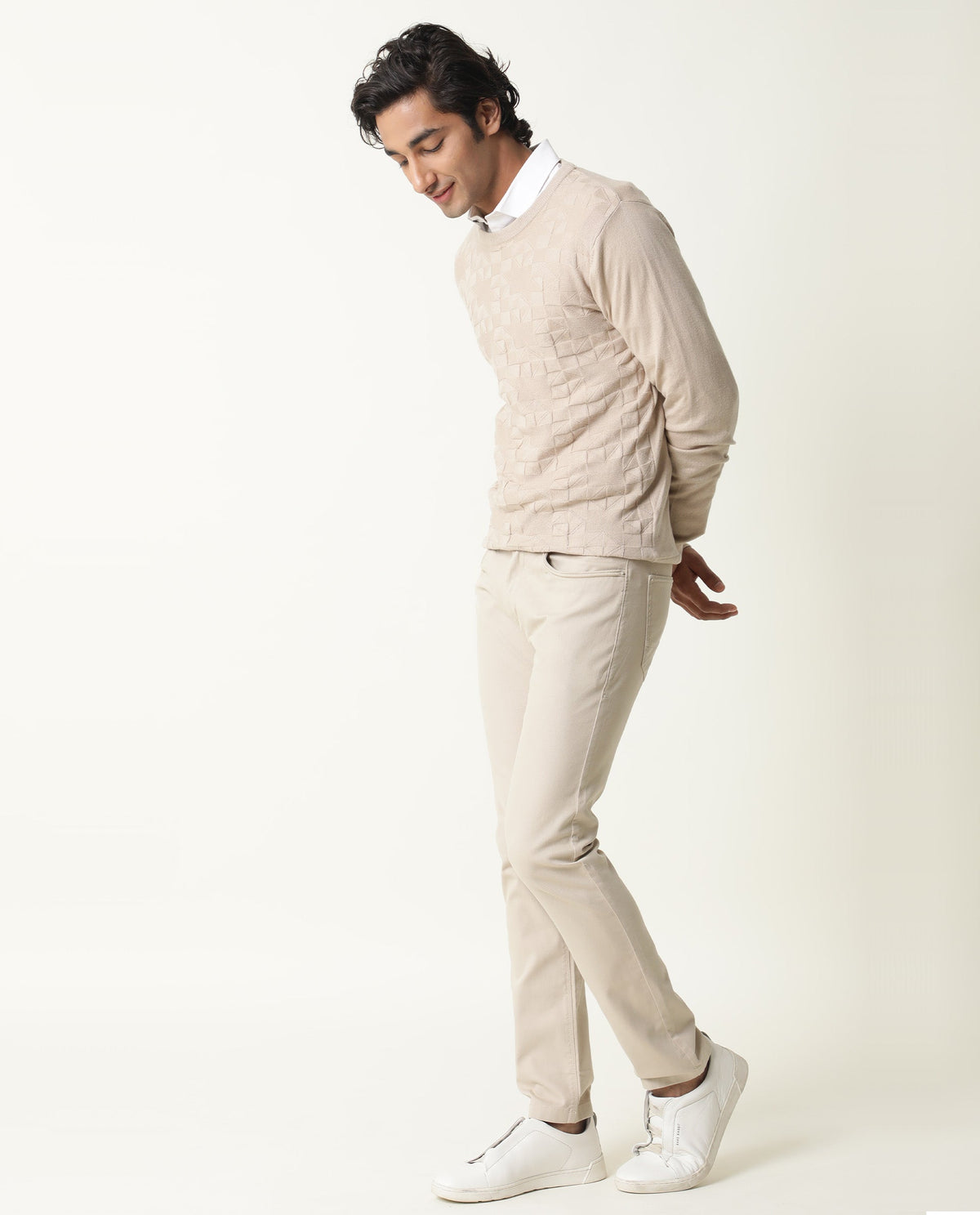Rare Rabbit Russ Primary Beige Pullover Cotton Fabric Full Sleeve Round Neck Slim Fit