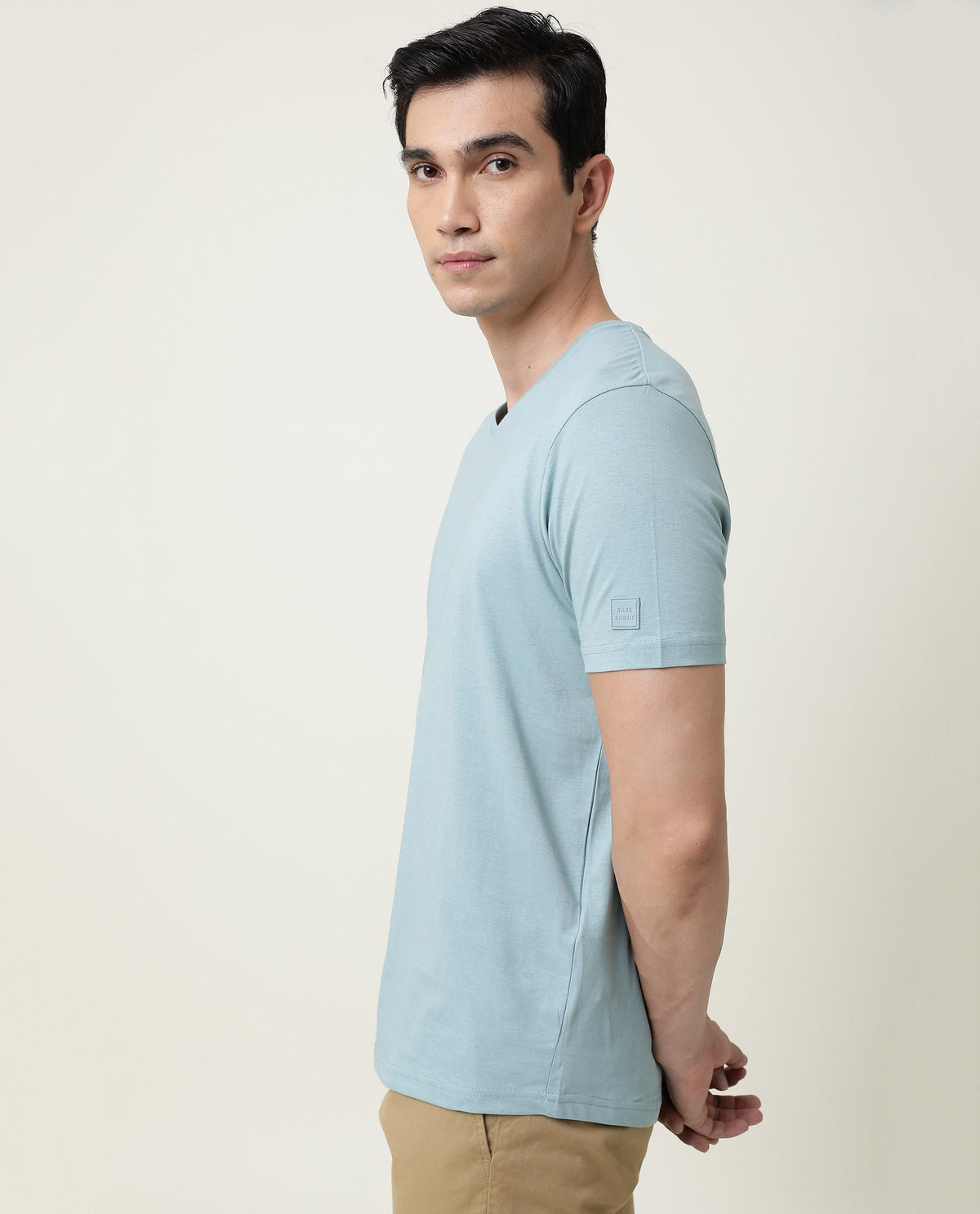 Rare Rabbit Entre Primary Blue Solid V-Neck With Branding on Sleeves Half Sleeves Regular Fit T-Shirt