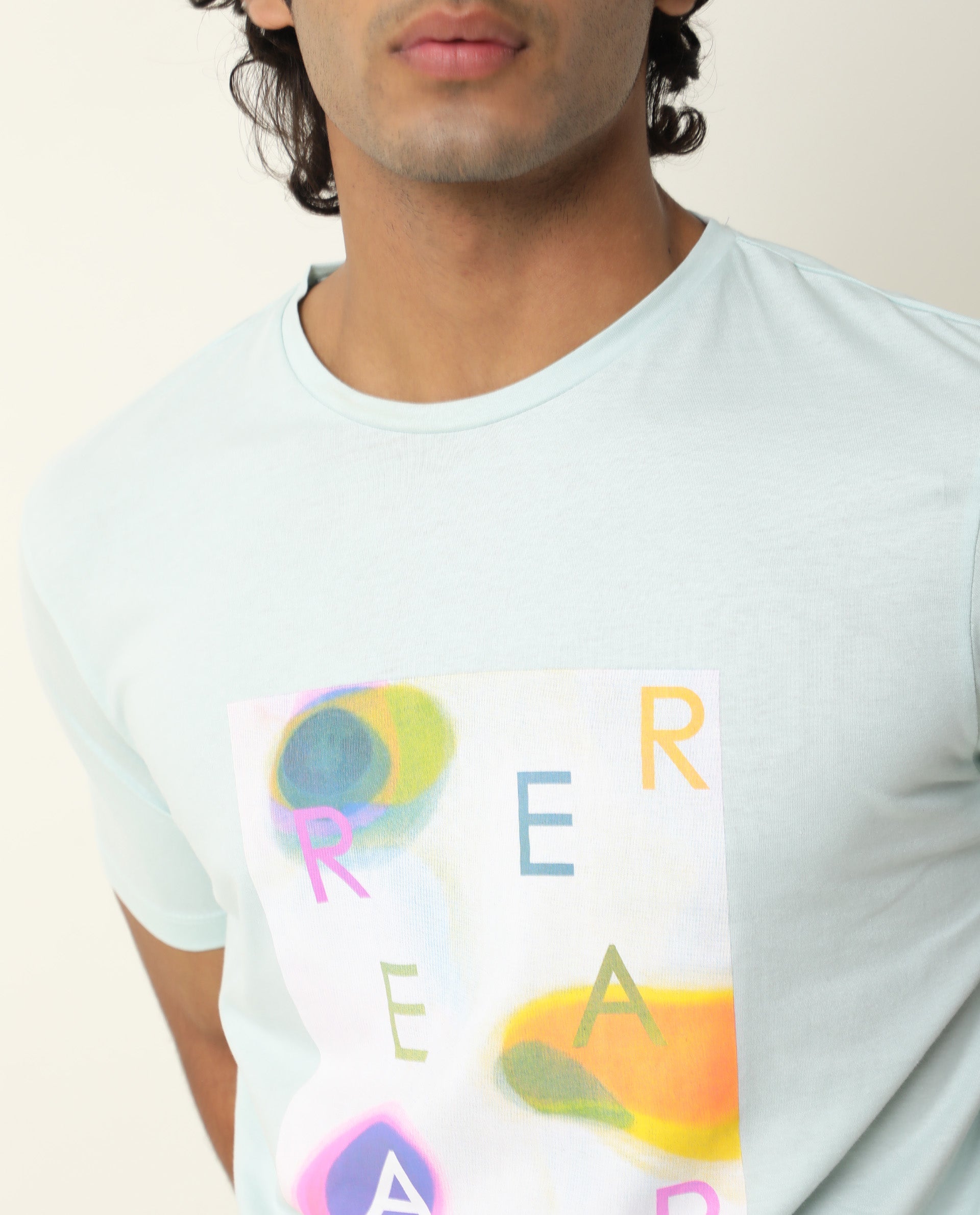 Rare Rabbit Men's Monc Blue Crew Neck Discharge Abstract Print With Branding Half Sleeves Slim Fit T-Shirt