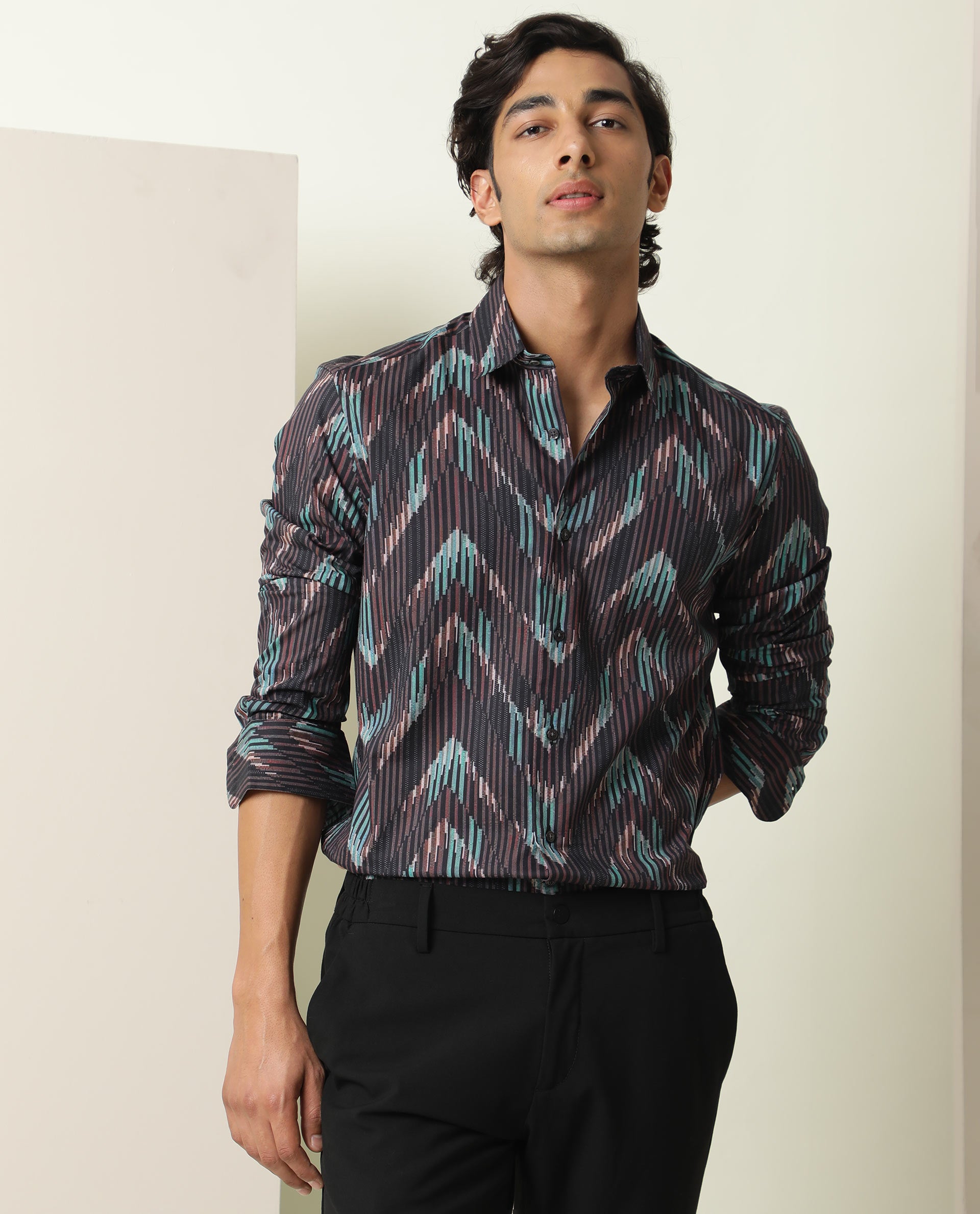 Rare Rabbit Men's Stria Brown Viscose Fabric Abstract Print Full Sleeves Shirt