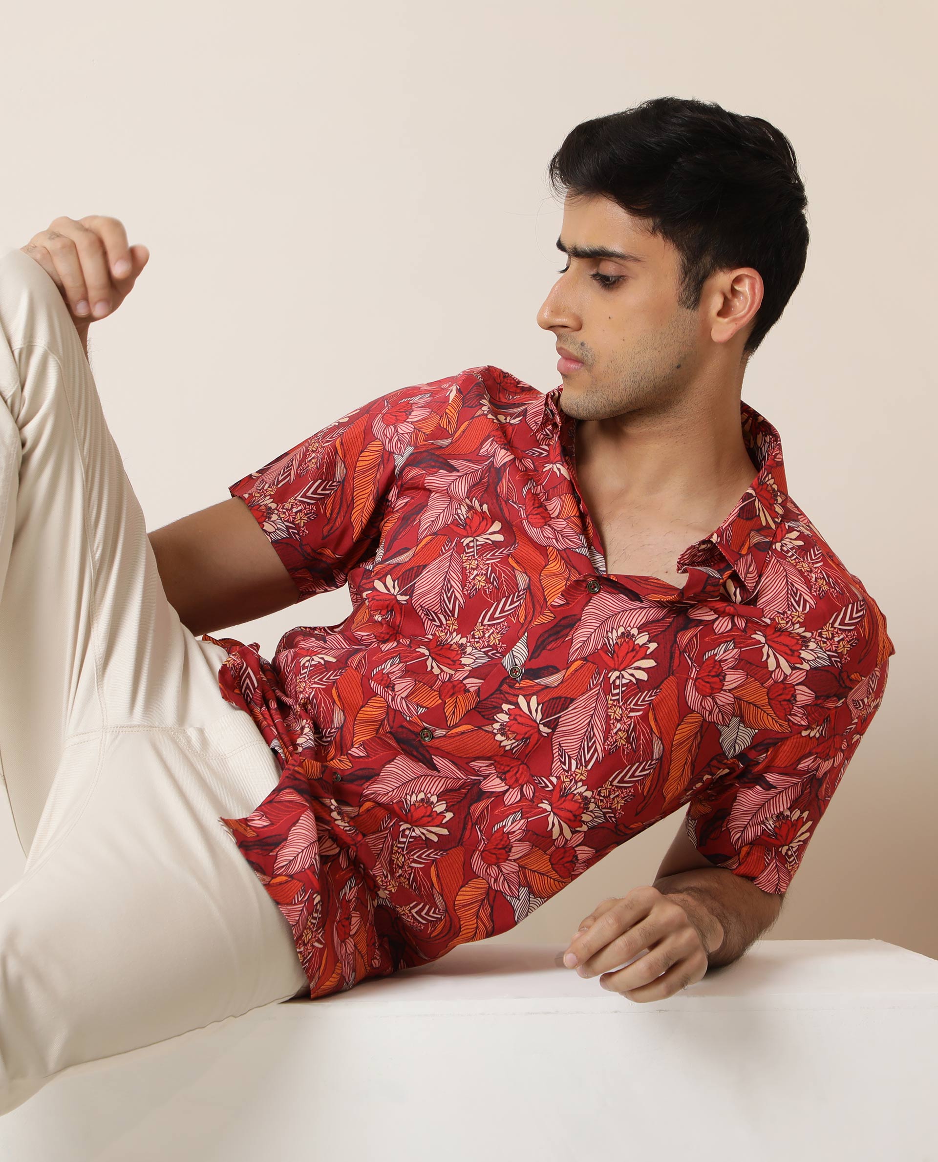 Rare Rabbit Men's Sinn Dark Red Viscose Fabric Floral Print Half Sleeves Shirt