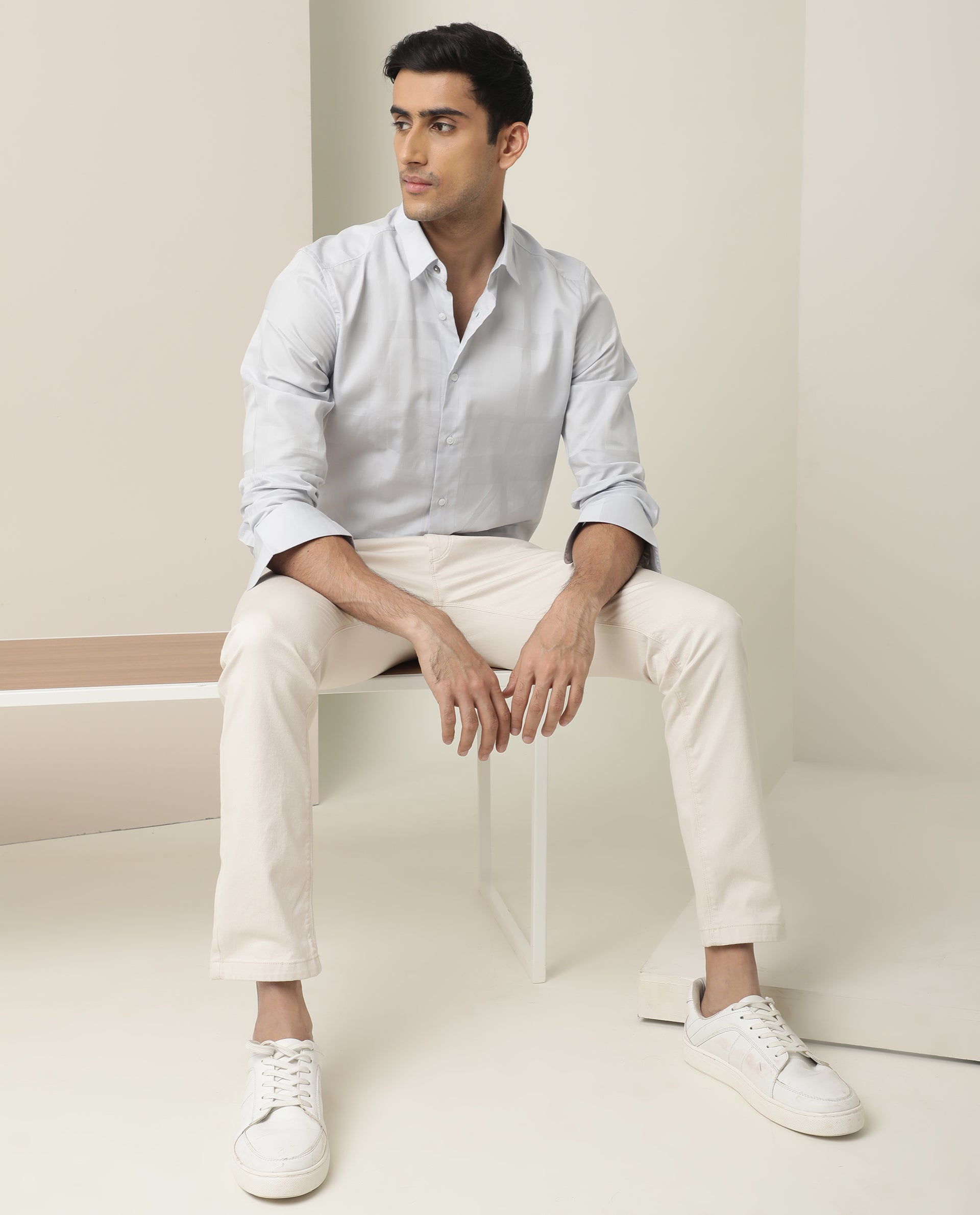 Rare Rabbit Men's Boxline Light Blue Cotton Lyocell Fabric Full Sleeves Checks Print Shirt