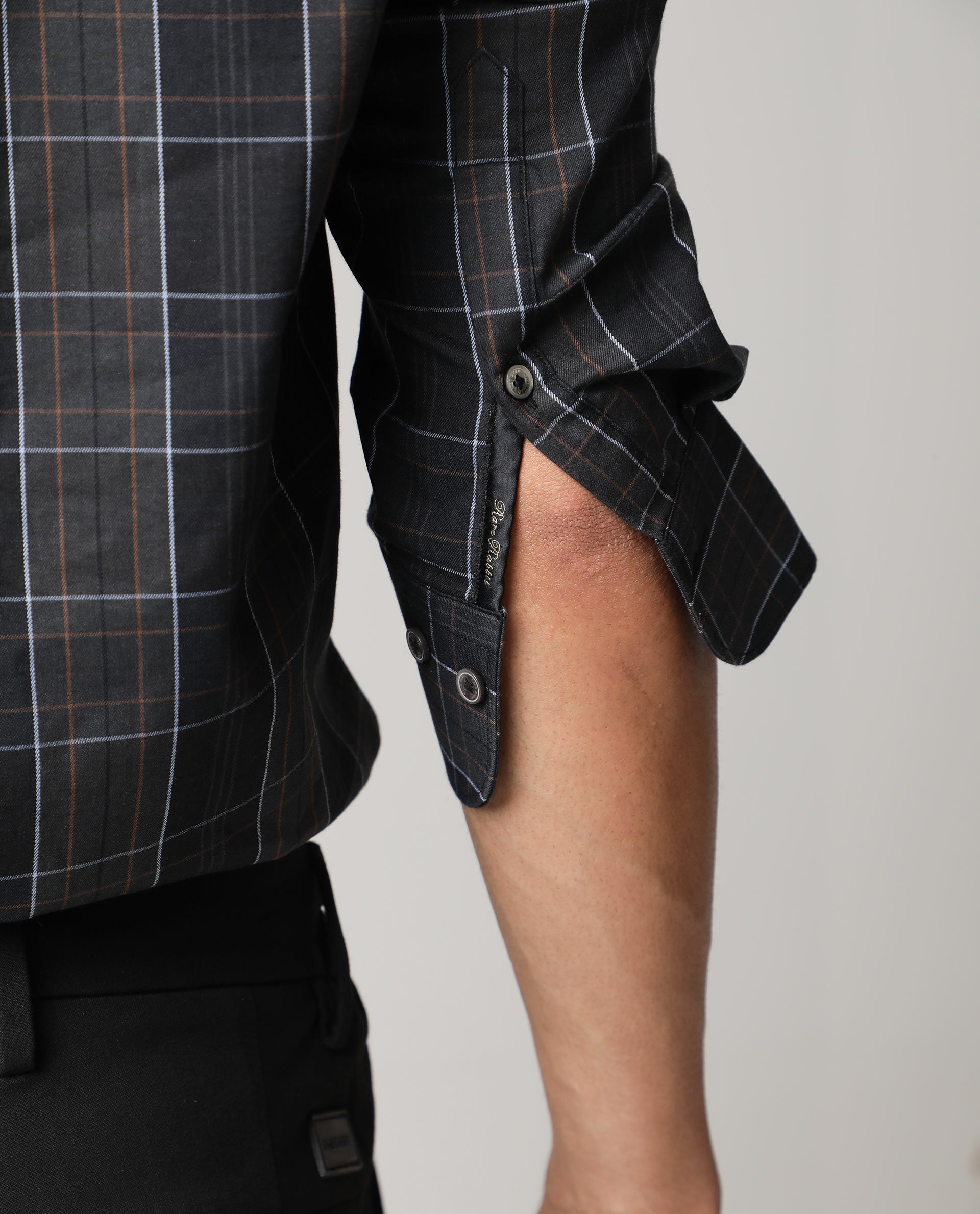 Rare Rabbit Men's Lancelot Grey Cotton Fabric Full Sleeves Checks Shirt