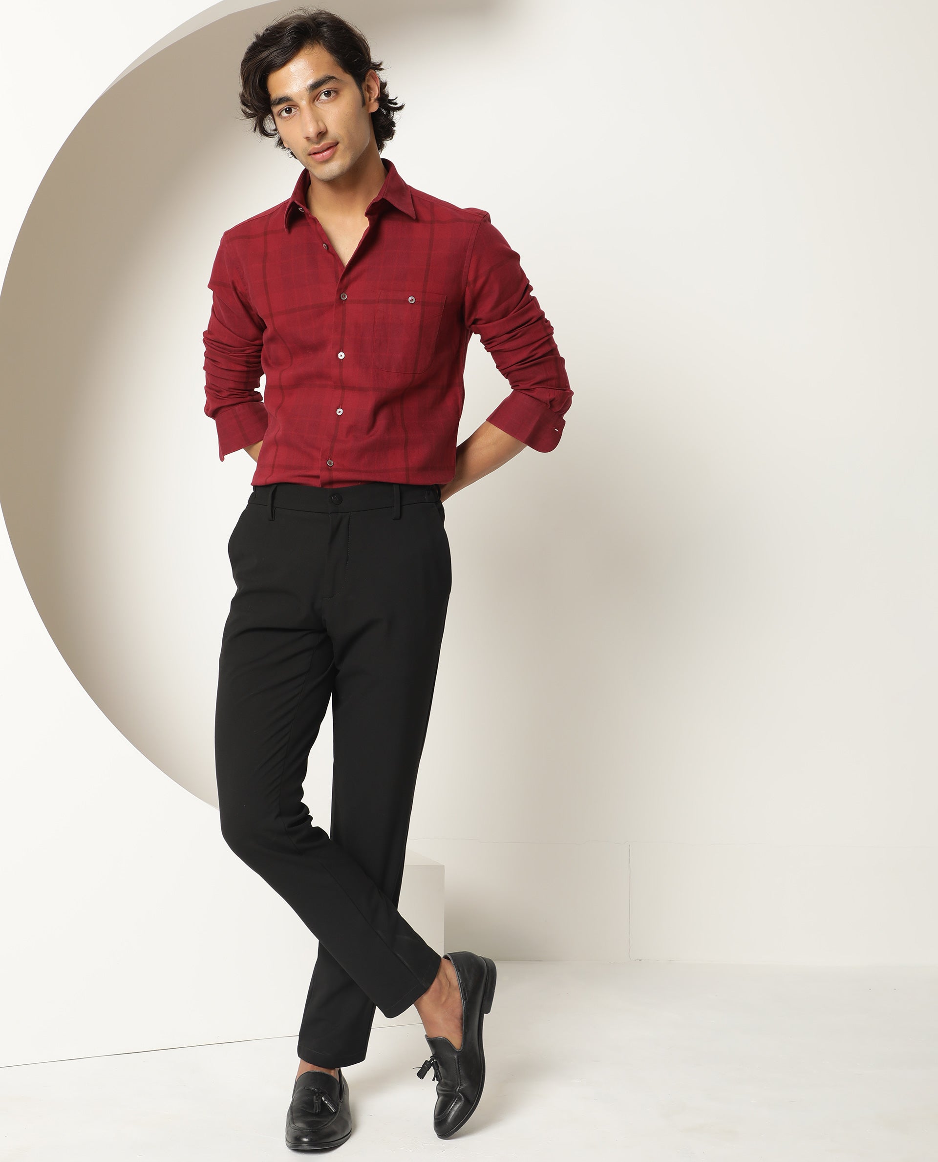 Rare Rabbit Men's Gareth Maroon Cotton Fabric Full Sleeves Checks Shirt