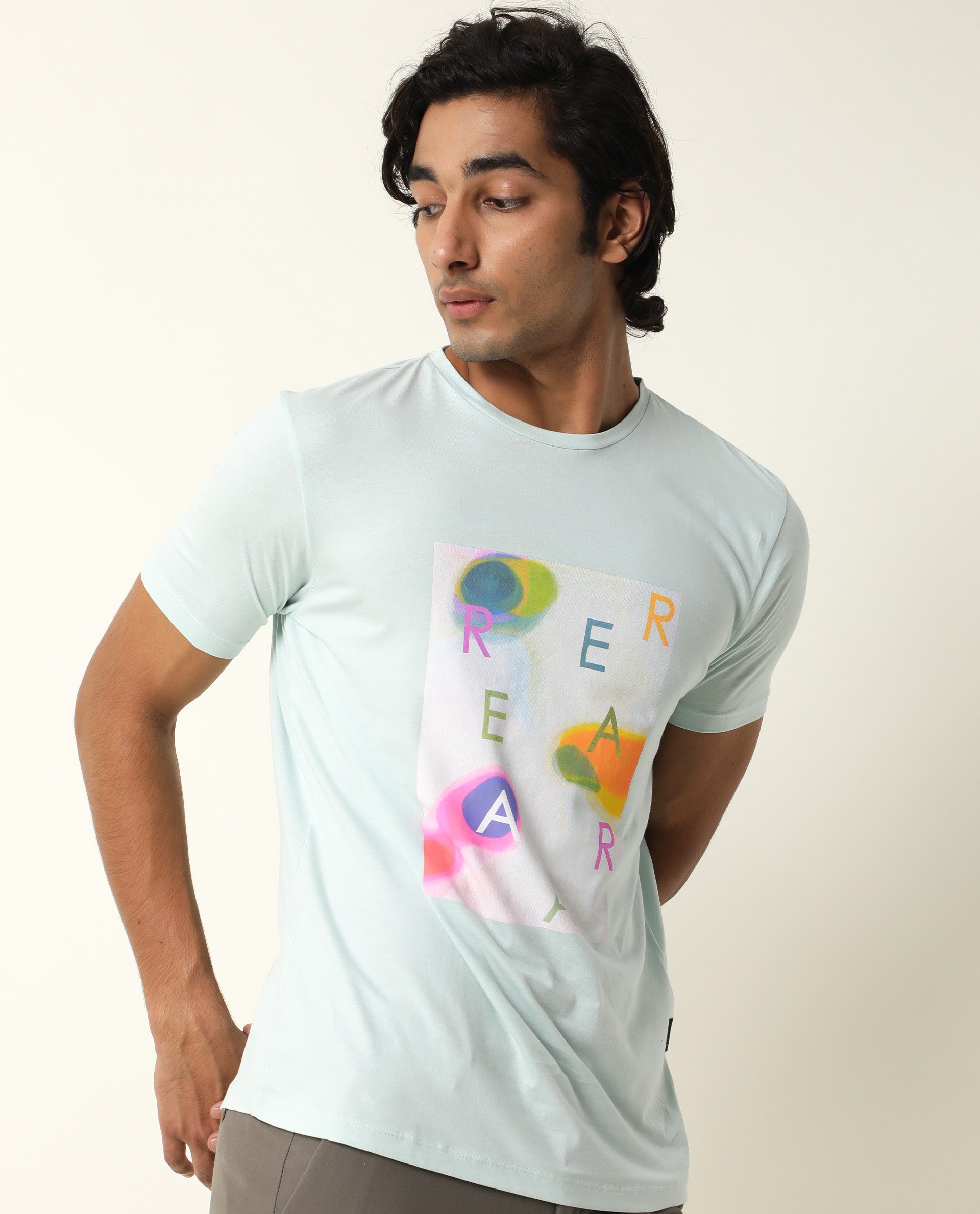 Rare Rabbit Men's Monc Blue Crew Neck Discharge Abstract Print With Branding Half Sleeves Slim Fit T-Shirt