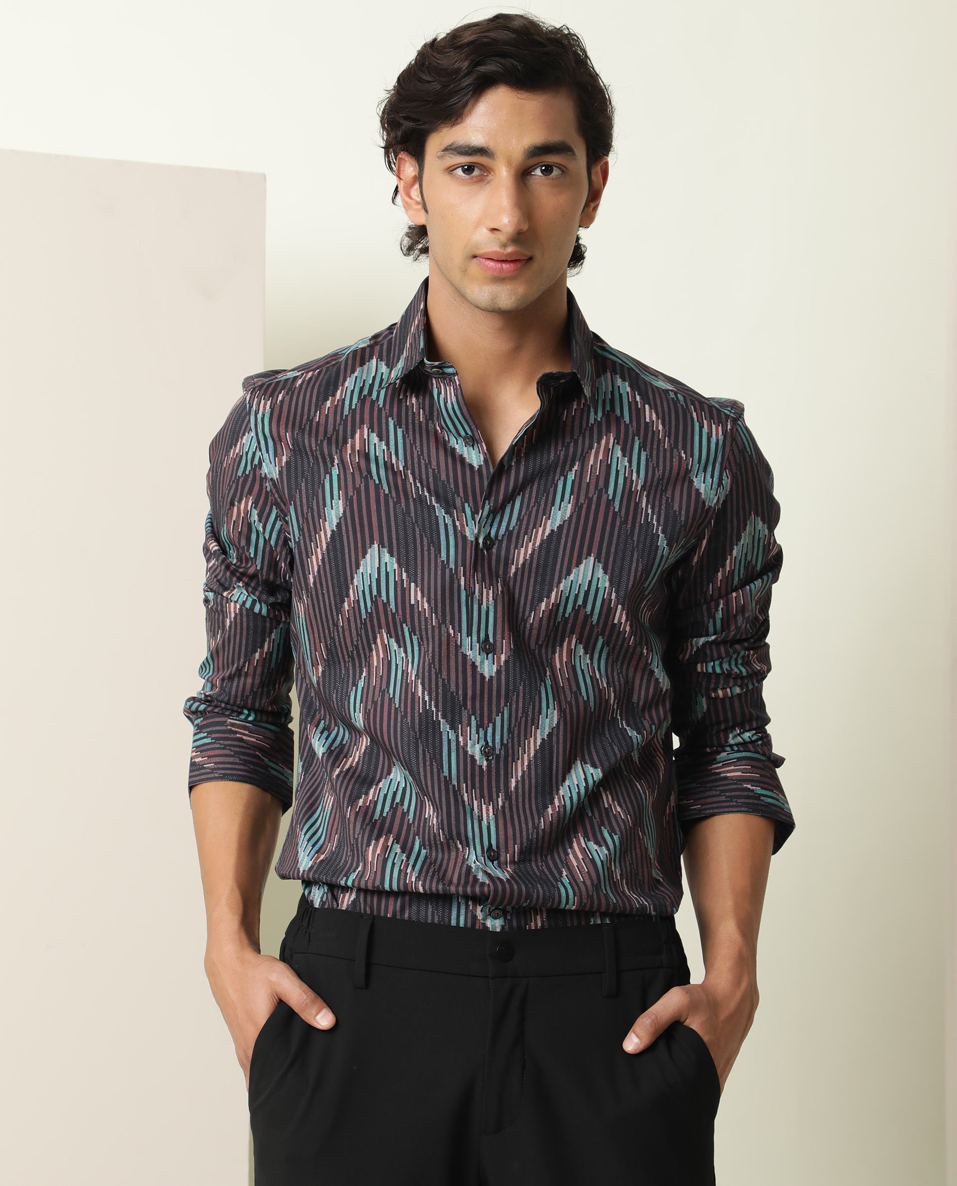 Rare Rabbit Men's Stria Brown Viscose Fabric Abstract Print Full Sleeves Shirt