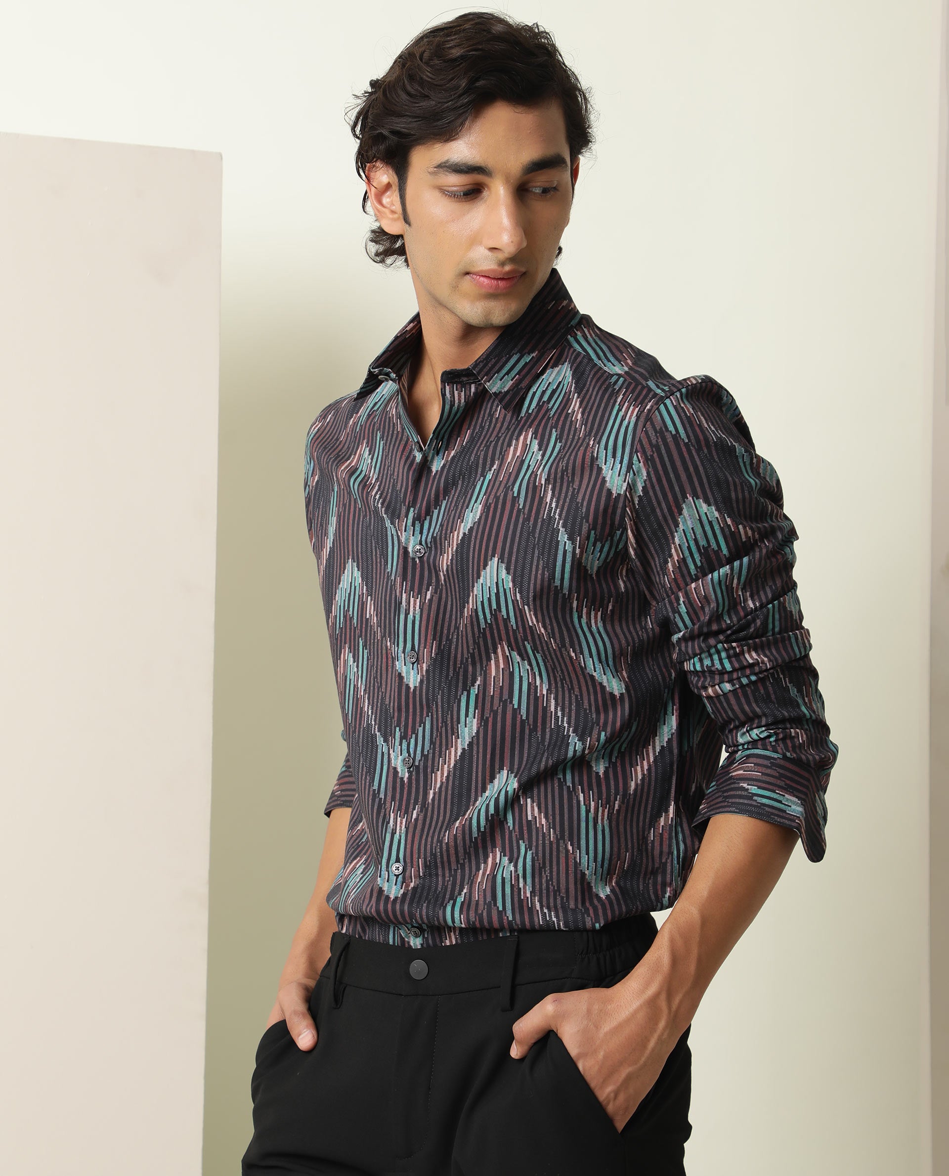 Rare Rabbit Men's Stria Brown Viscose Fabric Abstract Print Full Sleeves Shirt