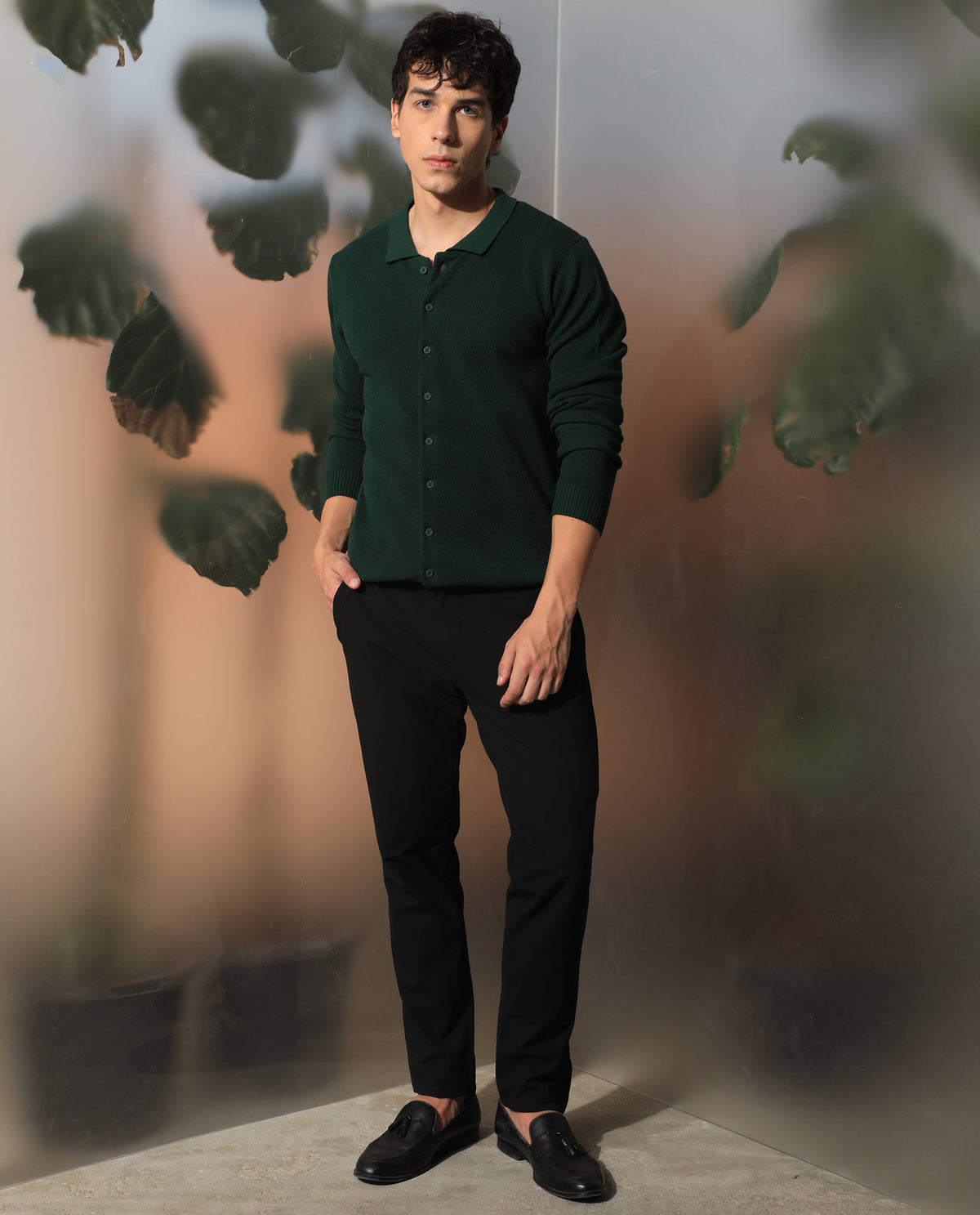 RARE RABBIT MEN'S ALIAS DARK GREEN SHIRT COTTON FABRIC COLLARED NECK FULL SLEEVES