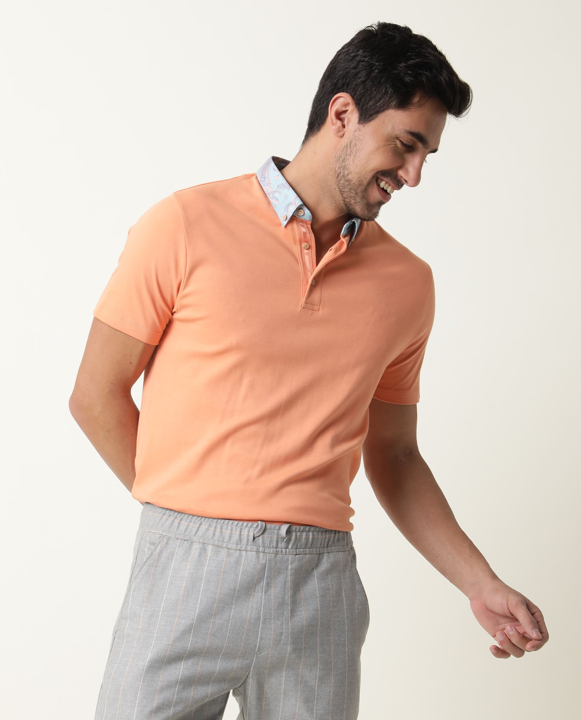 Rare Rabbit Men's Ringer Peach Cotton Fabric Printed Collar Neck Half Sleeves Polo T-Shirt