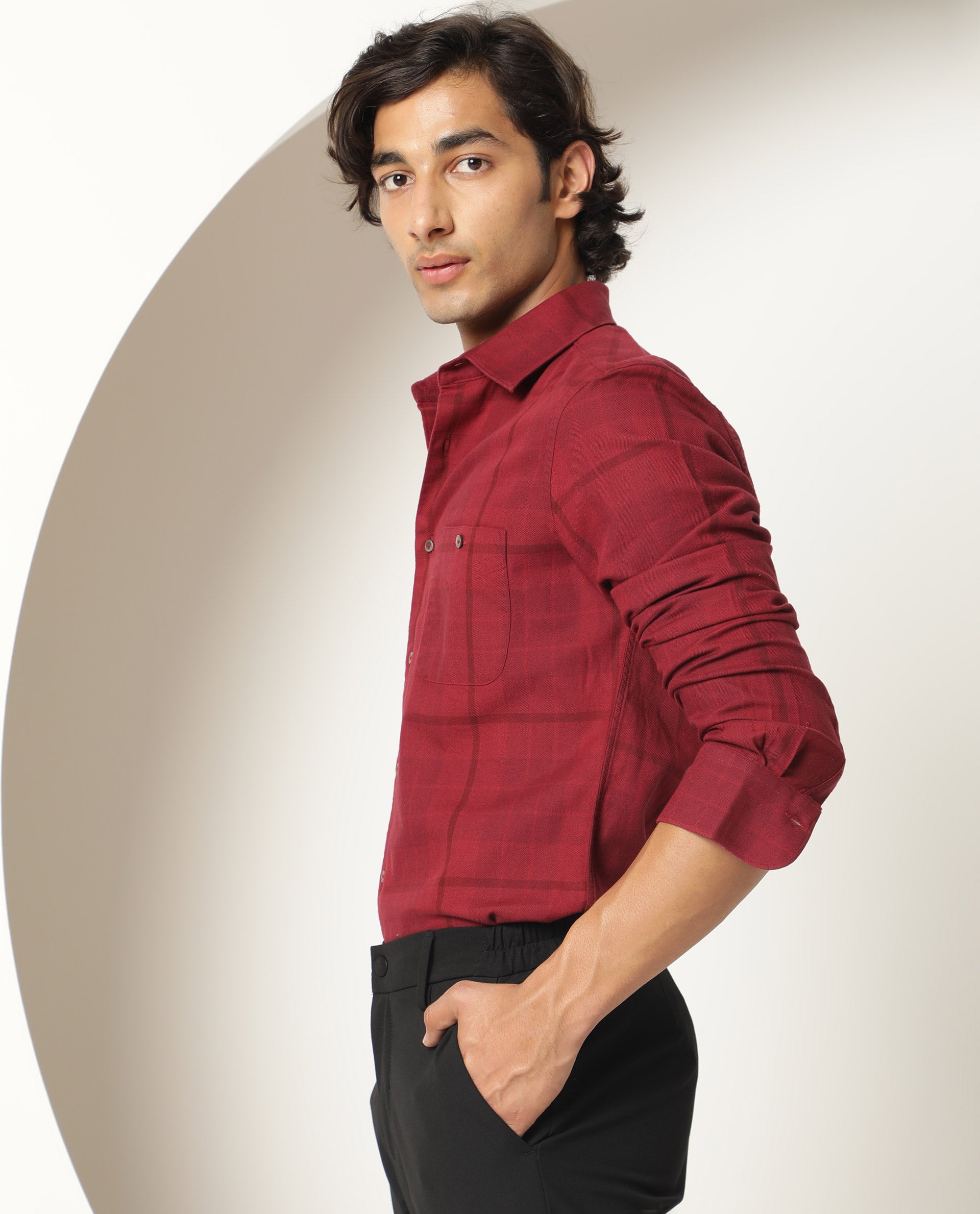 Rare Rabbit Men's Gareth Maroon Cotton Fabric Full Sleeves Checks Shirt