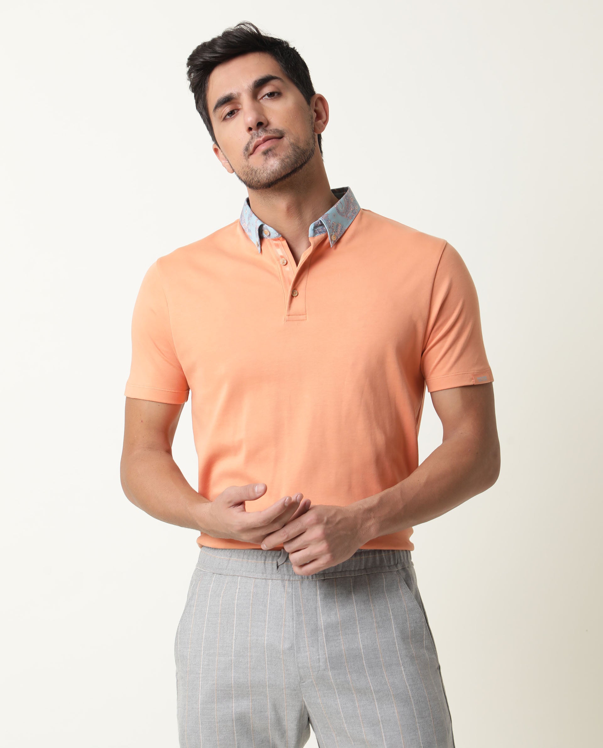 Rare Rabbit Men's Ringer Peach Cotton Fabric Printed Collar Neck Half Sleeves Polo T-Shirt