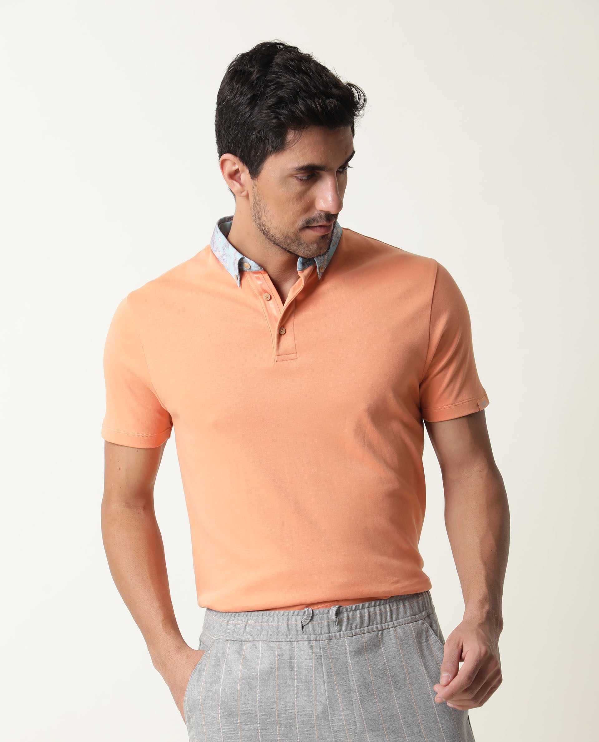 Rare Rabbit Men's Ringer Peach Cotton Fabric Printed Collar Neck Half Sleeves Polo T-Shirt