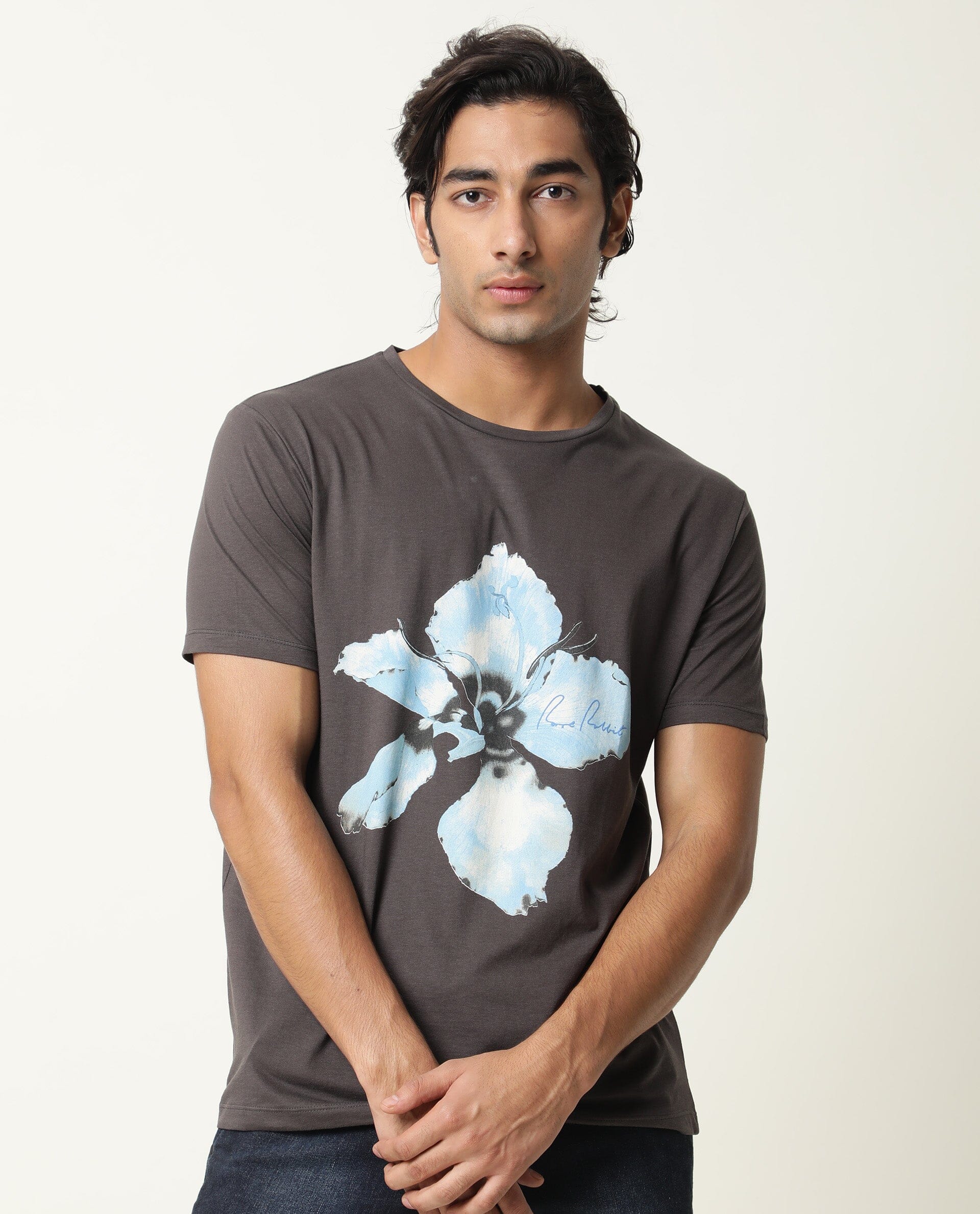Rare Rabbit Men's Floas Dark Grey Crew Neck Half Sleeves Floral Graphic Print Slim Fit T-Shirt