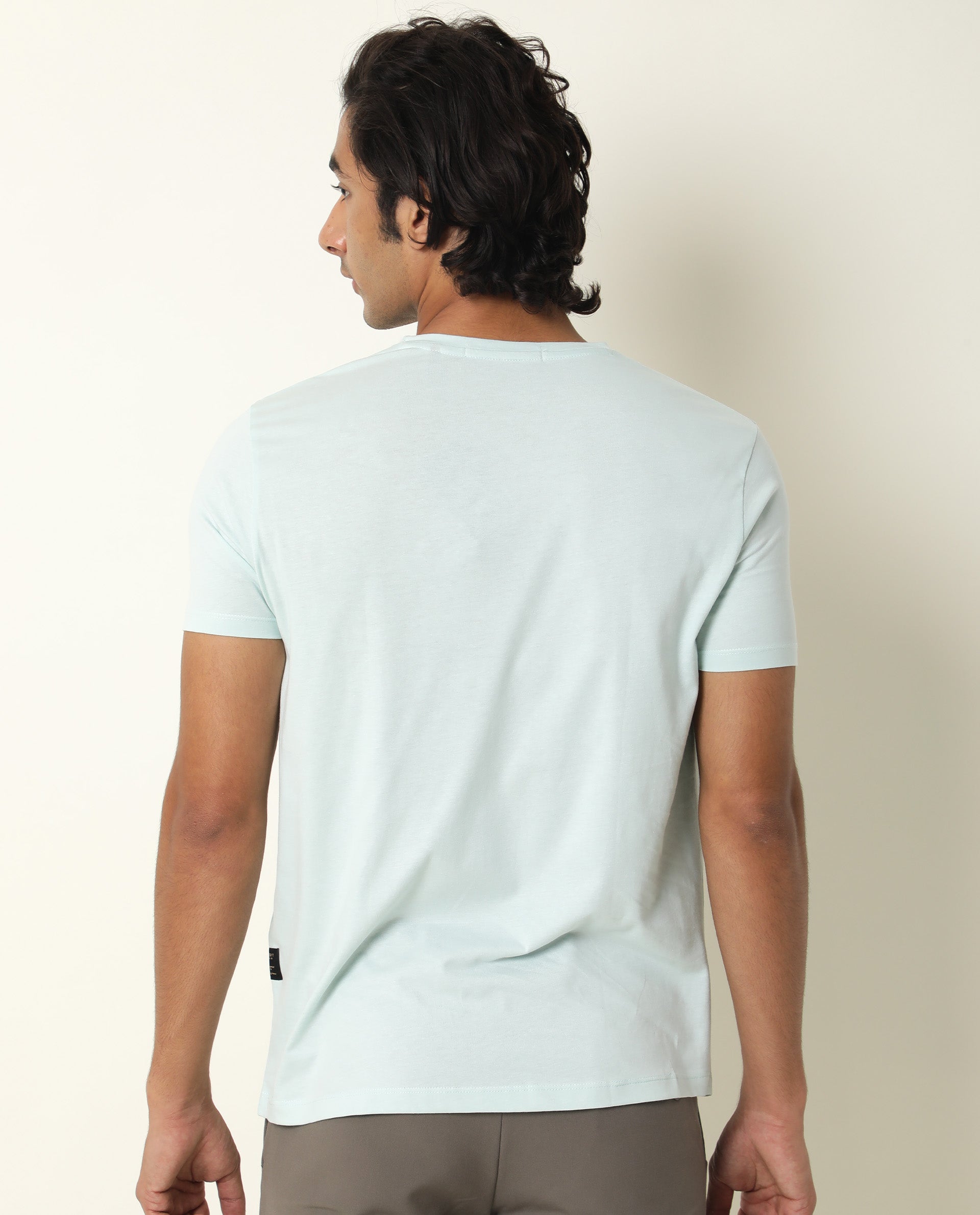 Rare Rabbit Men's Monc Blue Crew Neck Discharge Abstract Print With Branding Half Sleeves Slim Fit T-Shirt