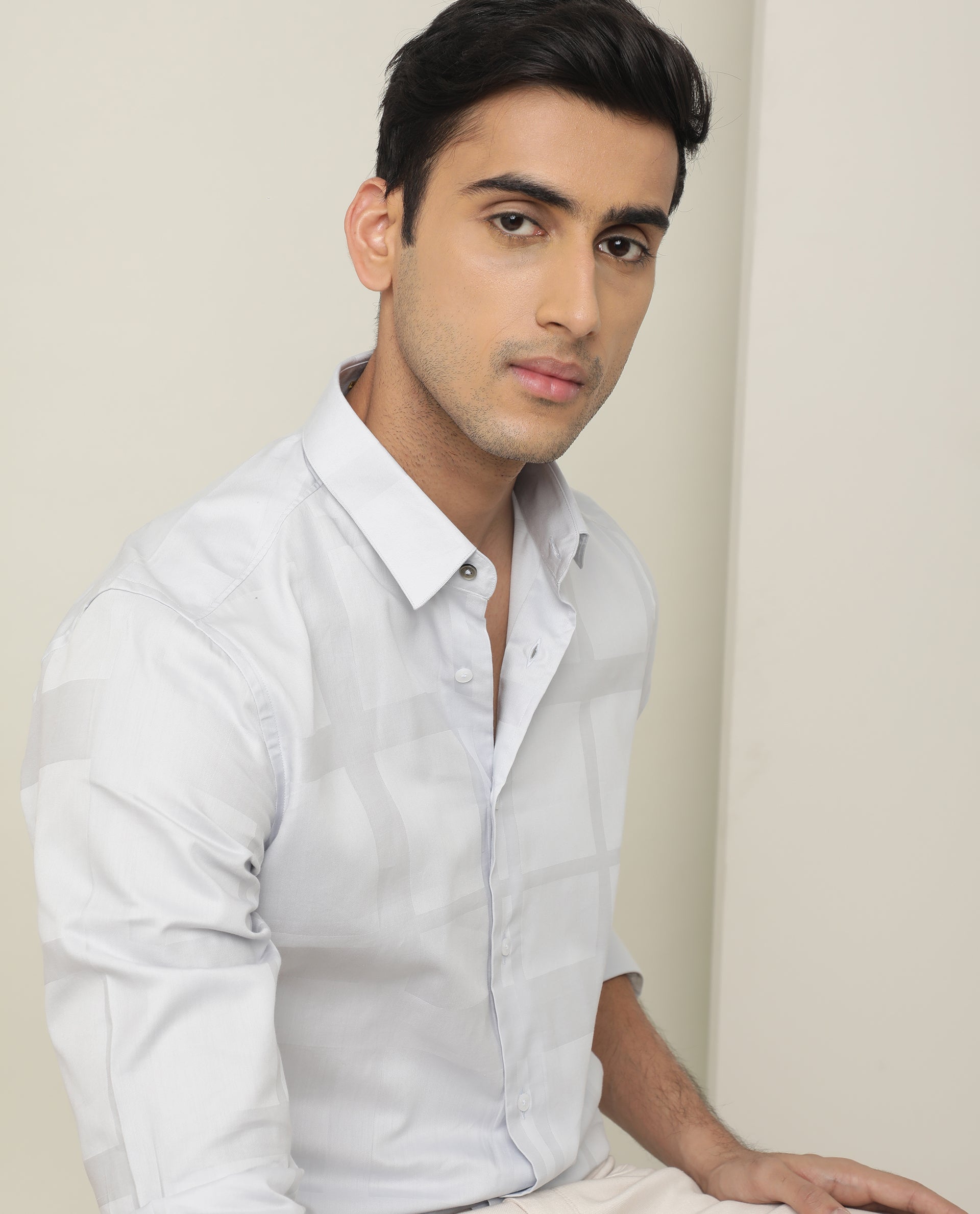 Rare Rabbit Men's Boxline Light Blue Cotton Lyocell Fabric Full Sleeves Checks Print Shirt