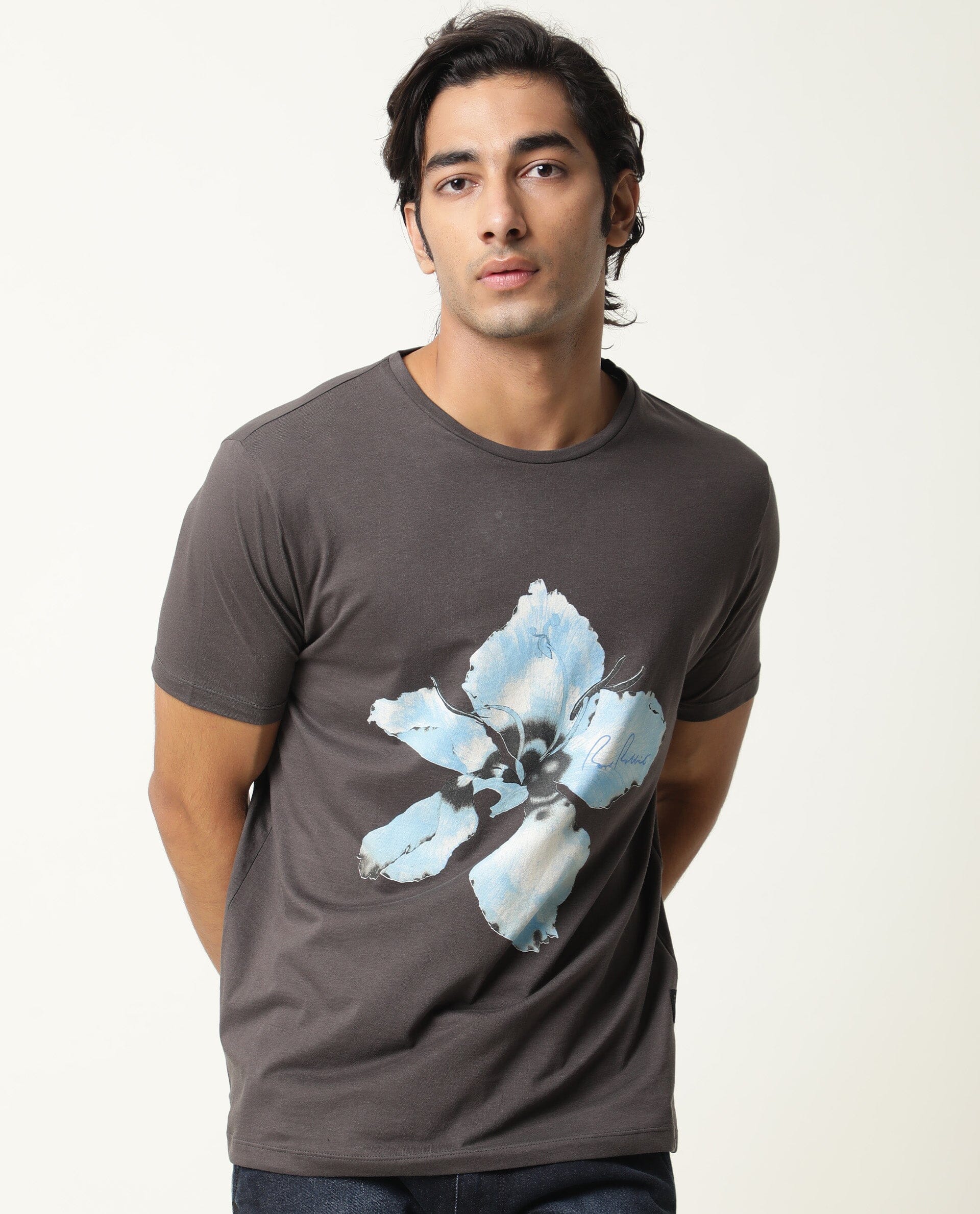 Rare Rabbit Men's Floas Dark Grey Crew Neck Half Sleeves Floral Graphic Print Slim Fit T-Shirt