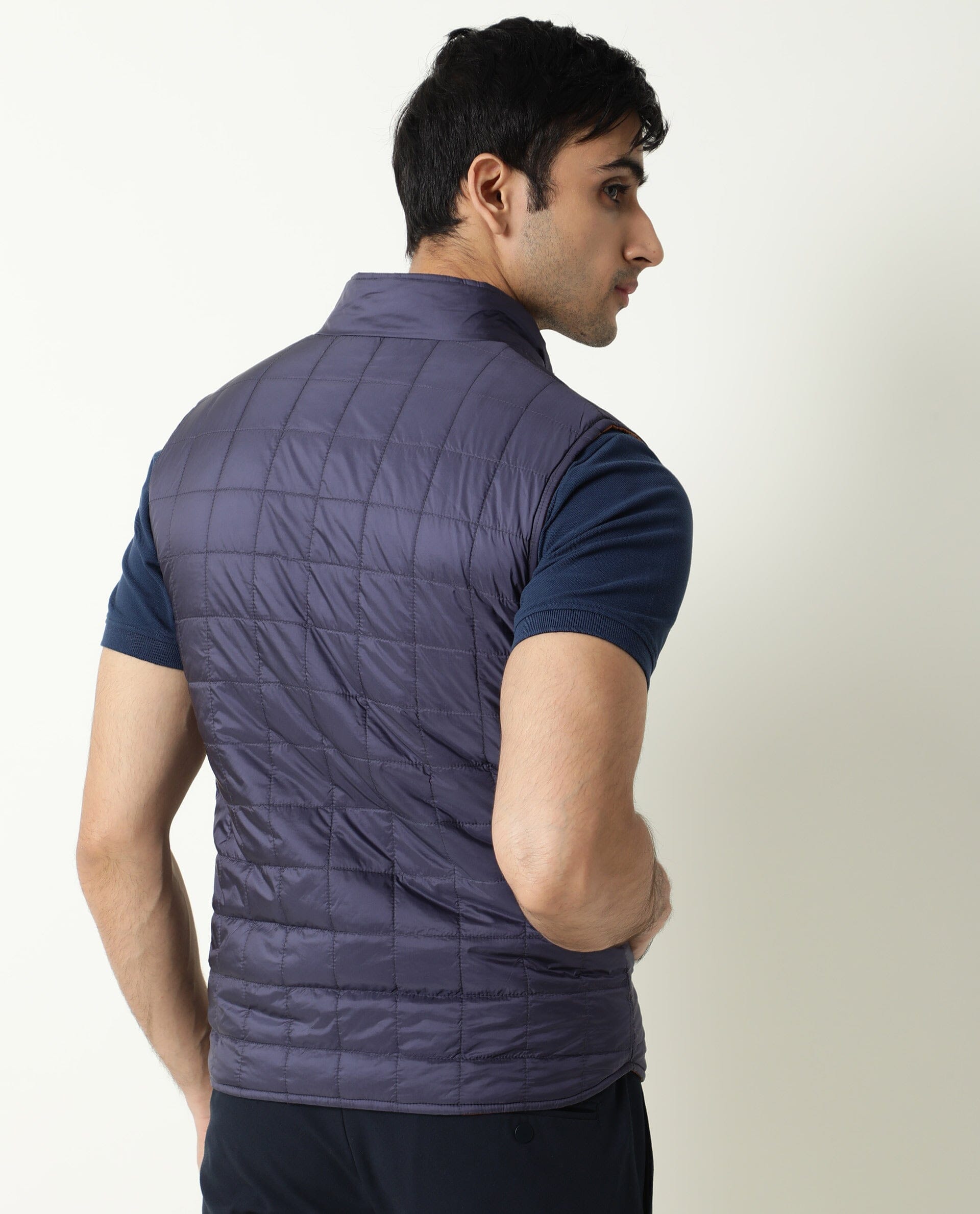 Rare Rabbit Men's Fillex Dark Blue Solid Reversible Quilted Sleeveless Puffer Jacket