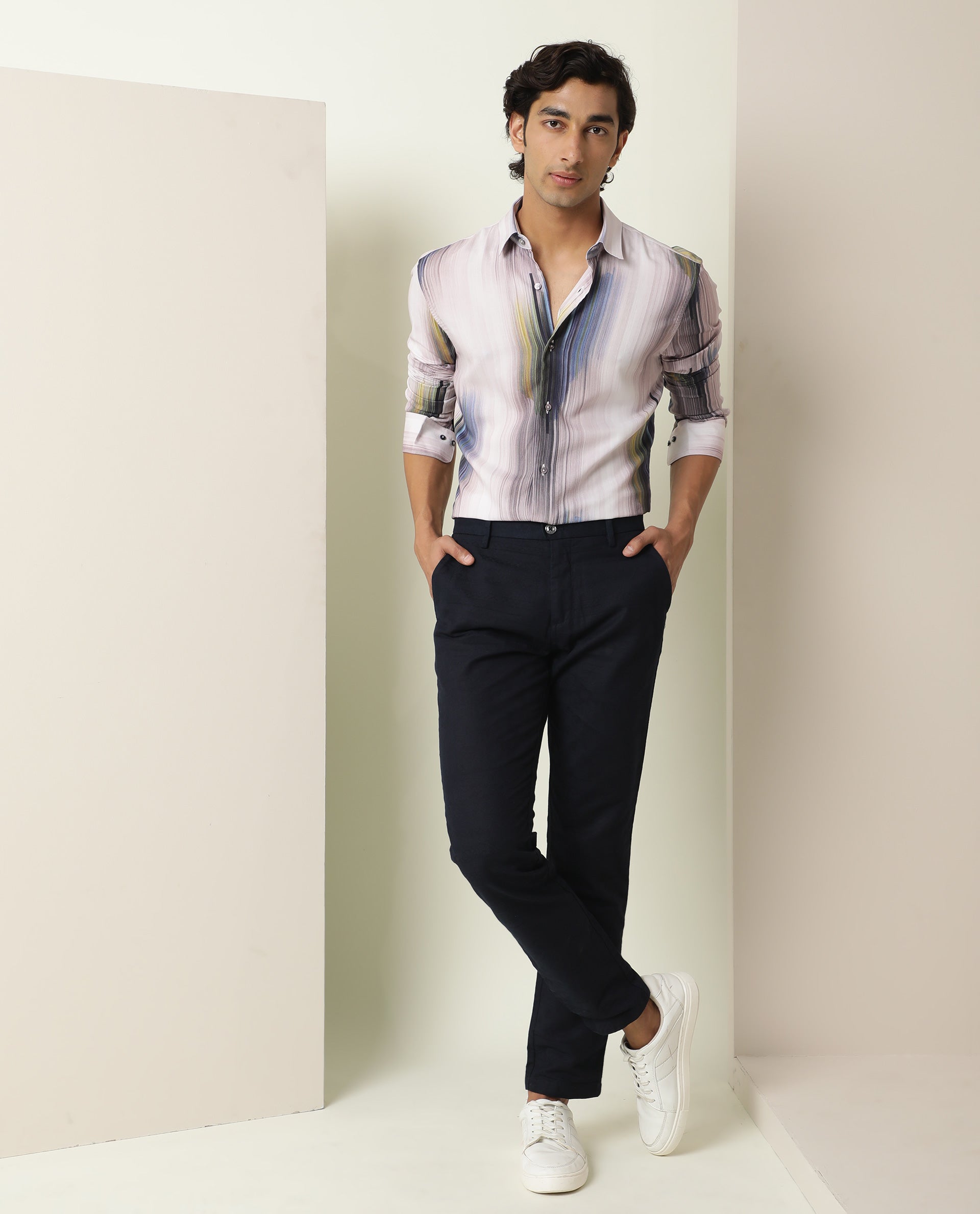 Rare Rabbit Men's Cosmoss Blue Viscose Fabric Abstract Print Full Sleeves Shirt