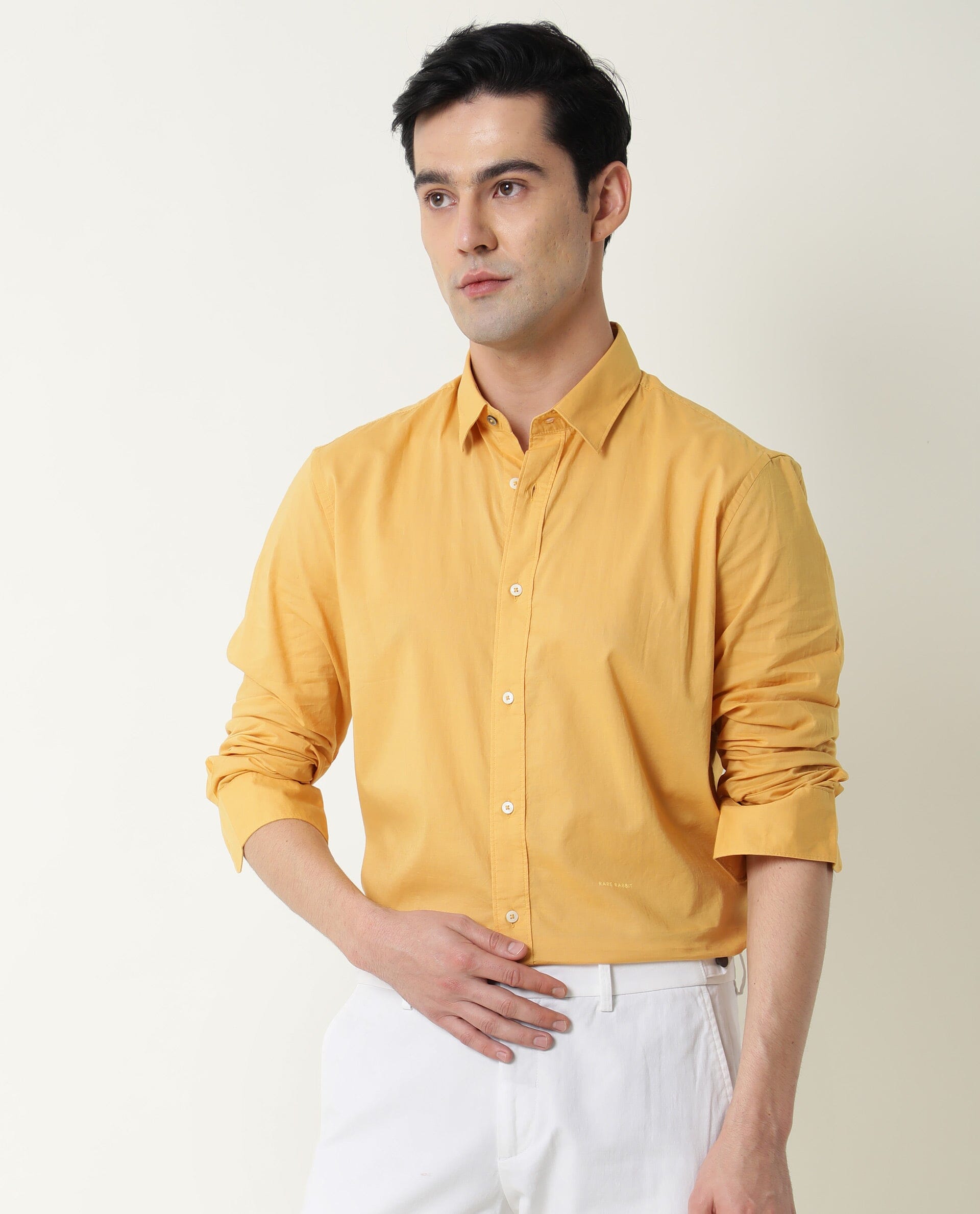 Rare Rabbit Men's Fullslee Yellow Cotton Fabric Full Sleeves Solid Shirt