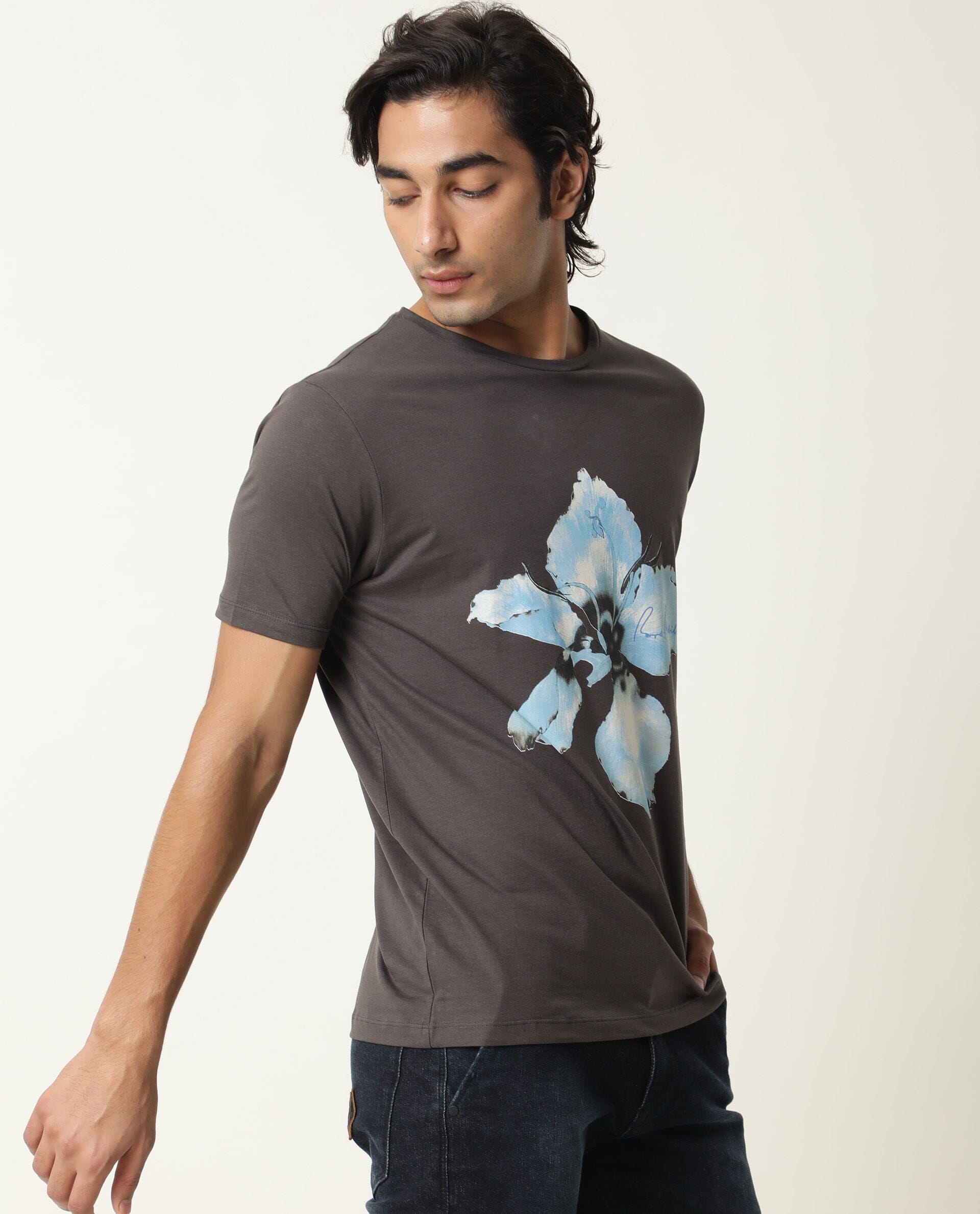 Rare Rabbit Men's Floas Dark Grey Crew Neck Half Sleeves Floral Graphic Print Slim Fit T-Shirt