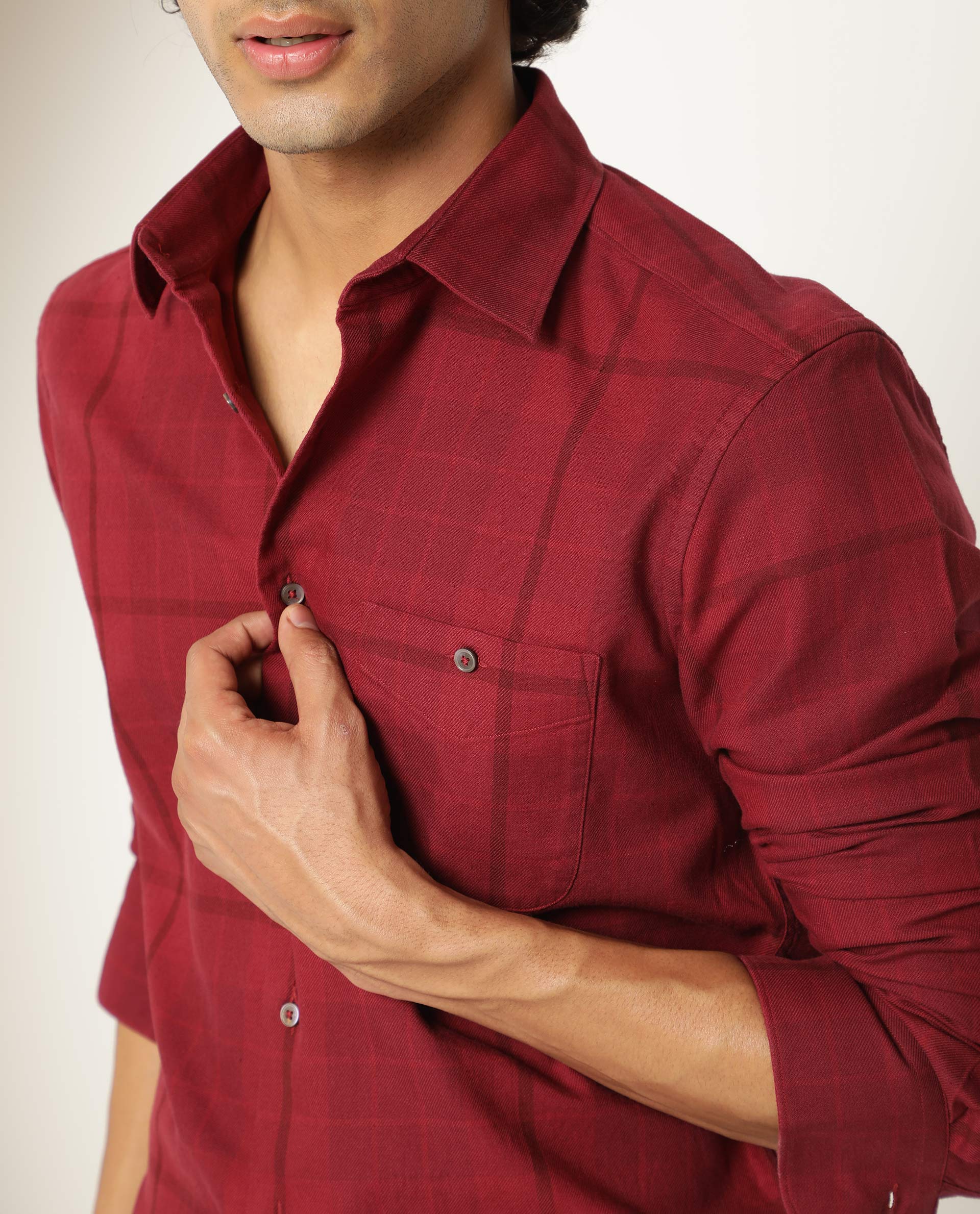 Rare Rabbit Men's Gareth Maroon Cotton Fabric Full Sleeves Checks Shirt