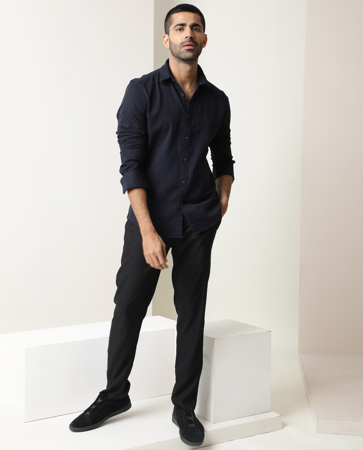 Rare Rabbit Men's Layerr Dark Navy Cotton Fabric Full Sleeves Solid Shirt