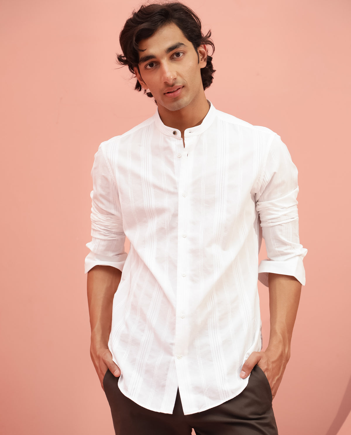 Rare Rabbit Men's Doppler White Dobby Mandarin Collar Full Sleeves Striped Shirt