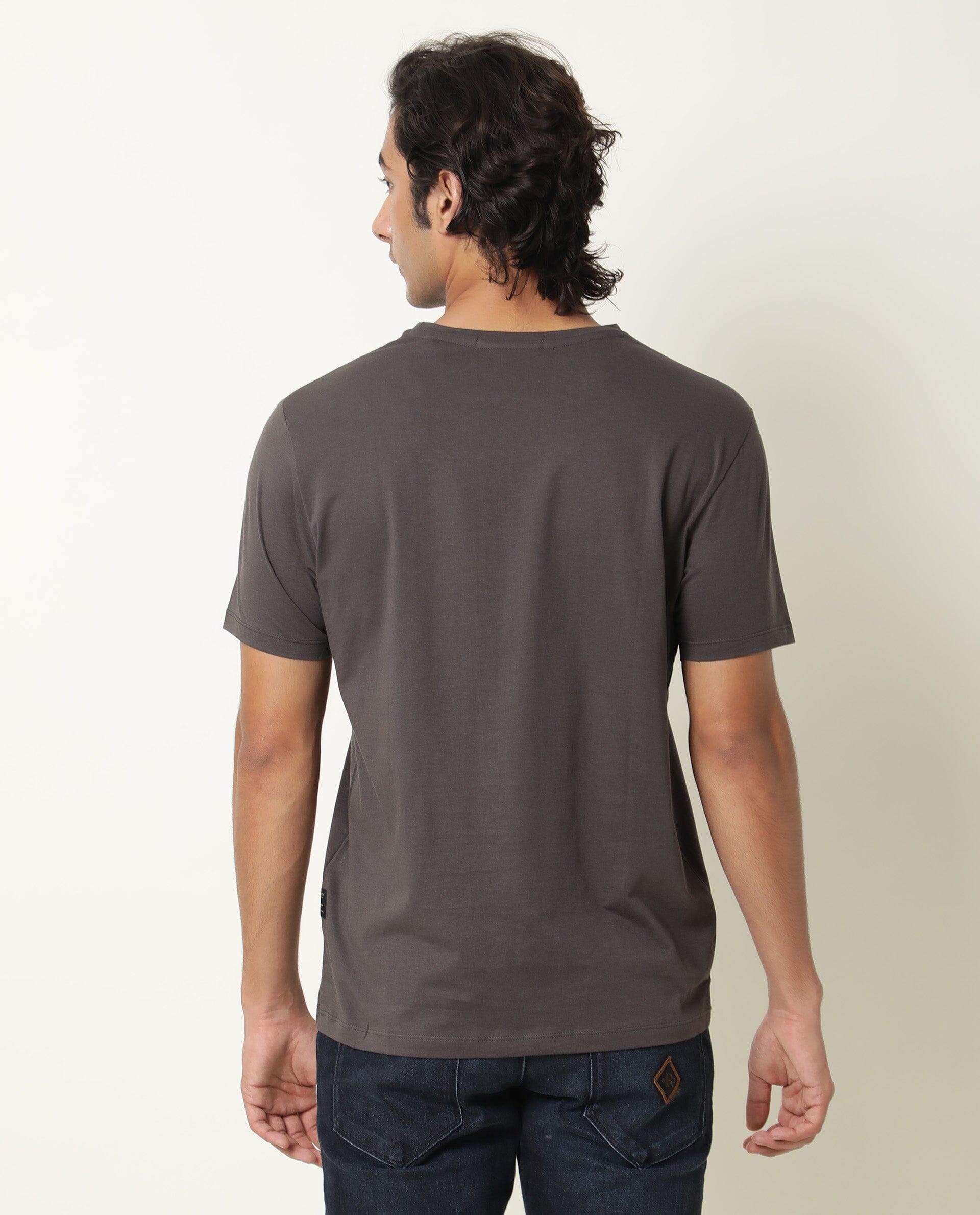 Rare Rabbit Men's Floas Dark Grey Crew Neck Half Sleeves Floral Graphic Print Slim Fit T-Shirt