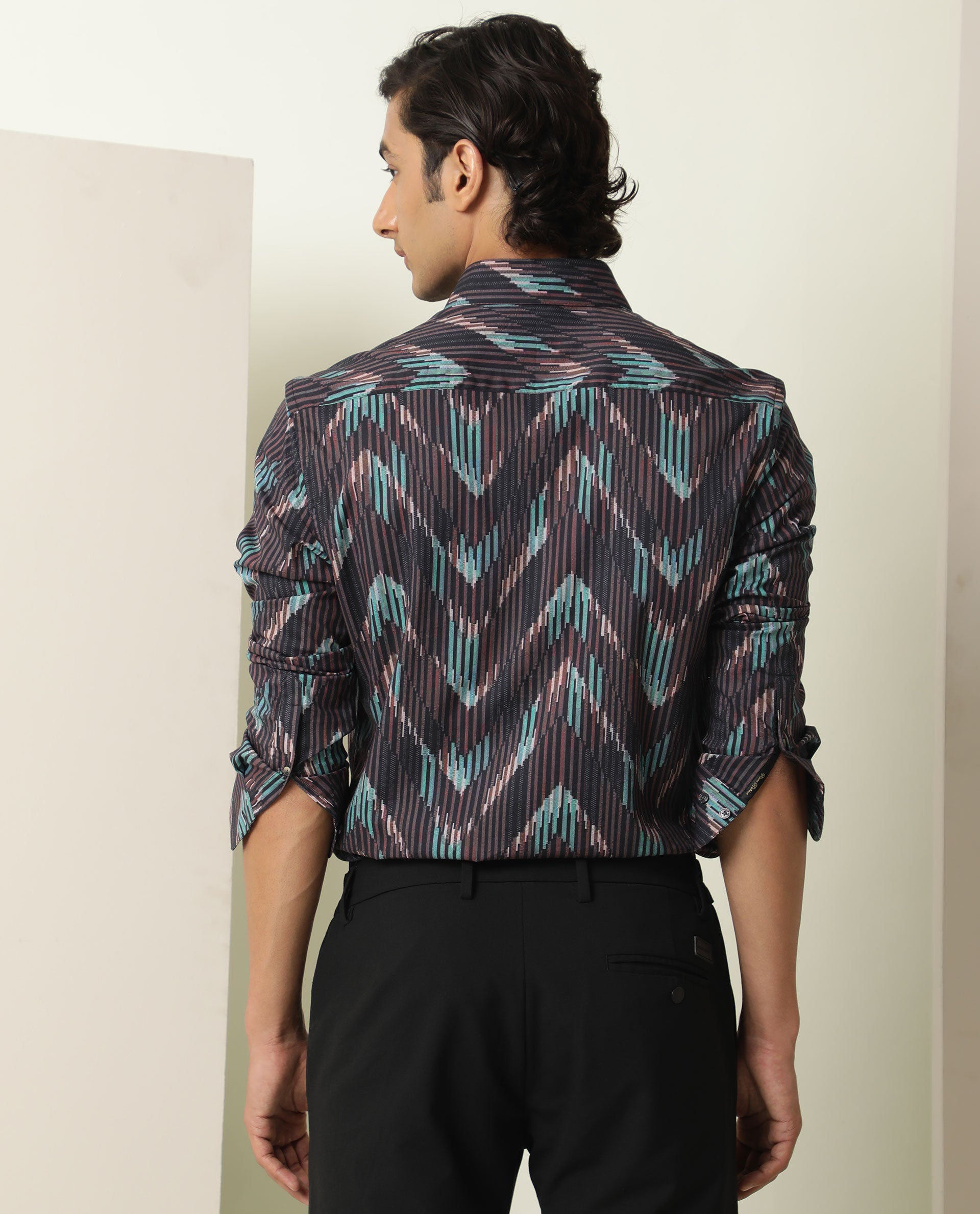 Rare Rabbit Men's Stria Brown Viscose Fabric Abstract Print Full Sleeves Shirt