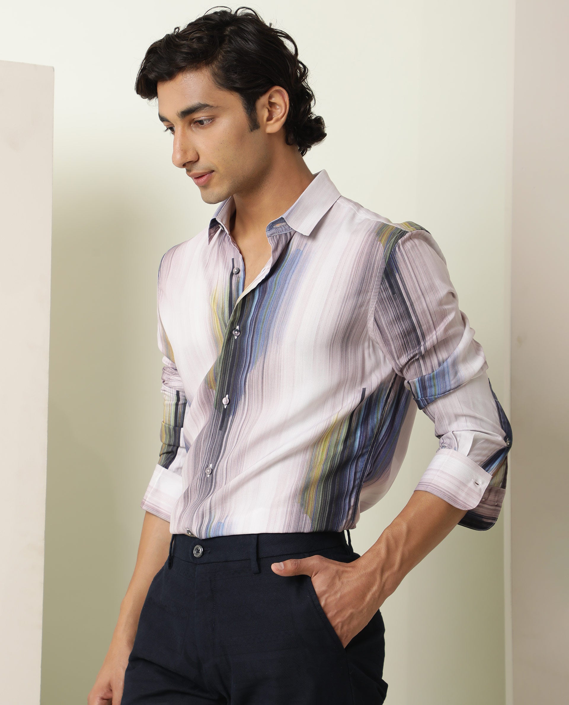 Rare Rabbit Men's Cosmoss Blue Viscose Fabric Abstract Print Full Sleeves Shirt