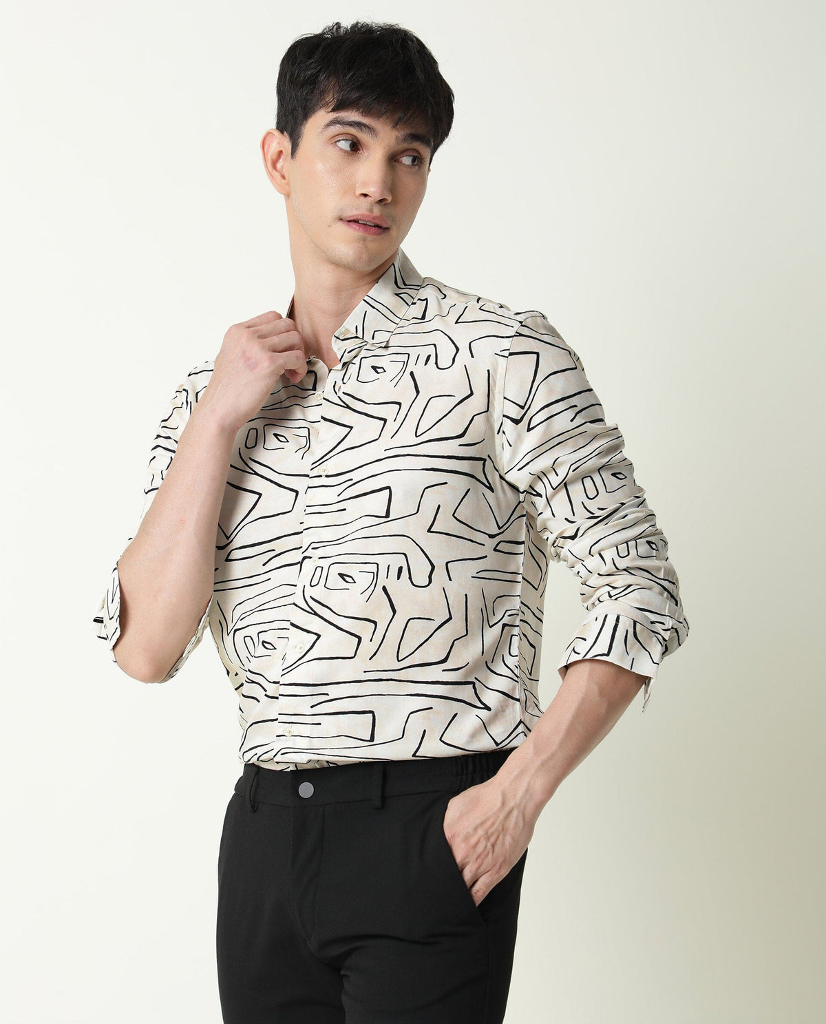 RARE RABBIT MEN'S ZERA OFF WHITE SHIRT VISCOSE FABRIC COLLARED NECK FULL SLEEVES BUTTON CLOSURE
