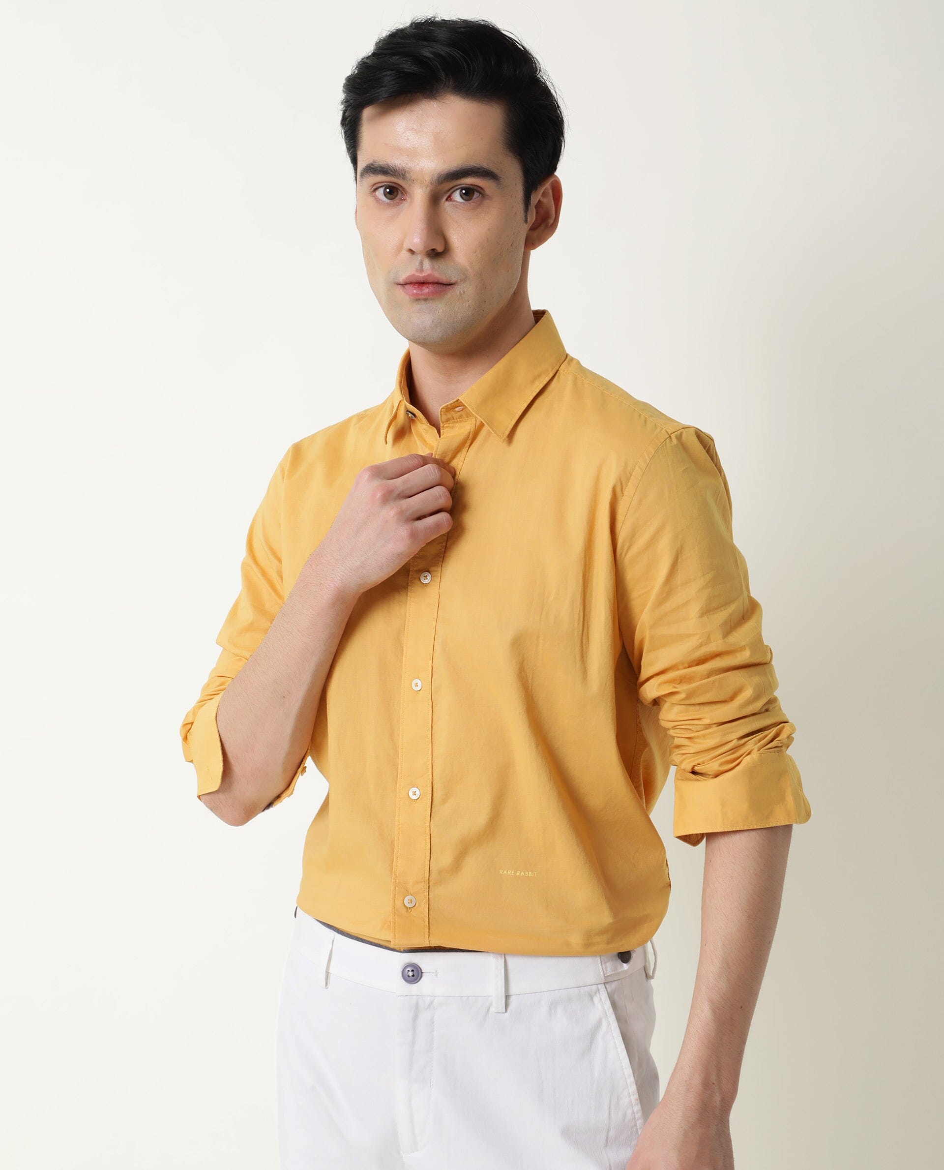 Rare Rabbit Men's Fullslee Yellow Cotton Fabric Full Sleeves Solid Shirt