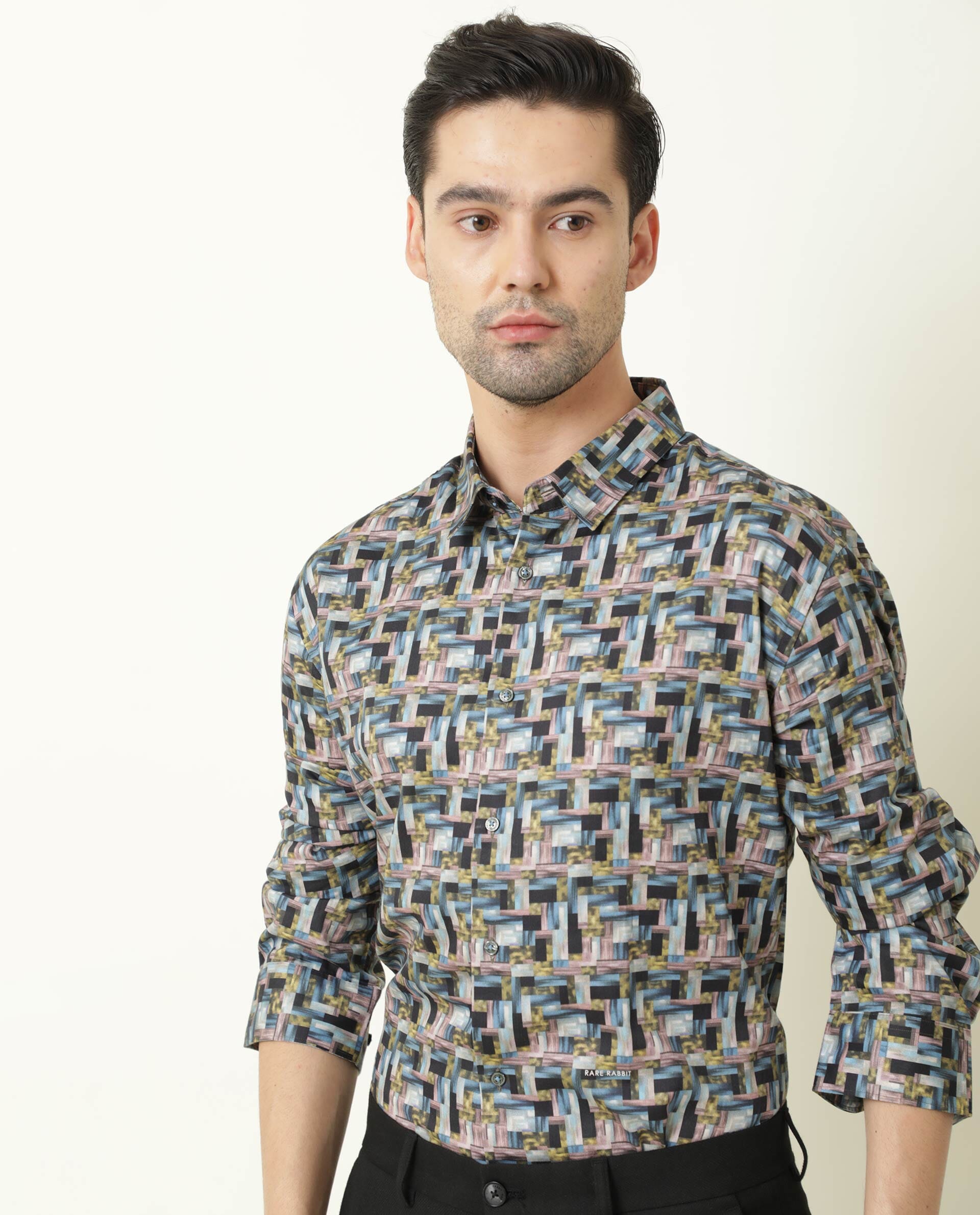 Rare Rabbit Men's Jigsawee Grey Cotton Fabric Geometric Print Full Sleeves Shirt
