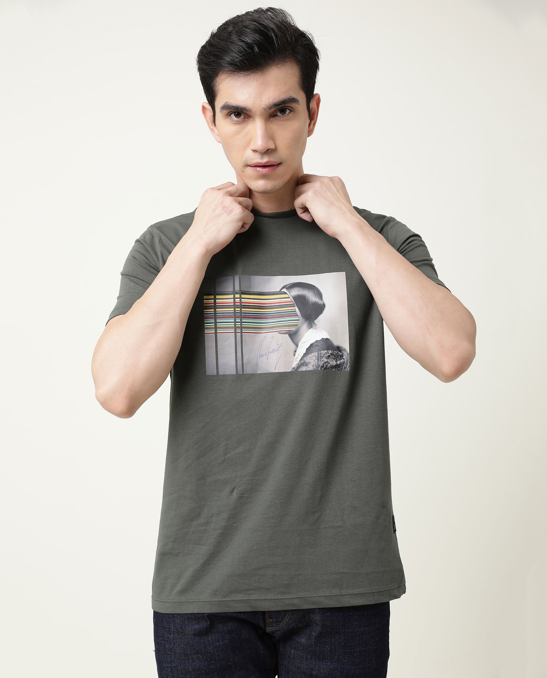 Rare Rabbit Men's Rainys Olive Crew Neck Abstract Print Slim Fit T-Shirt