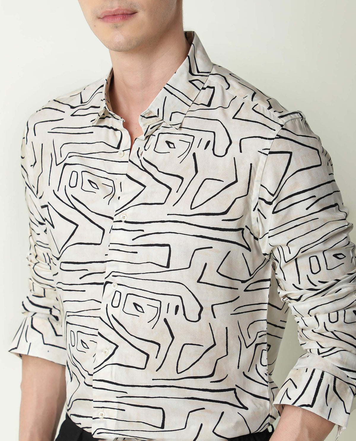 RARE RABBIT MEN'S ZERA OFF WHITE SHIRT VISCOSE FABRIC COLLARED NECK FULL SLEEVES BUTTON CLOSURE