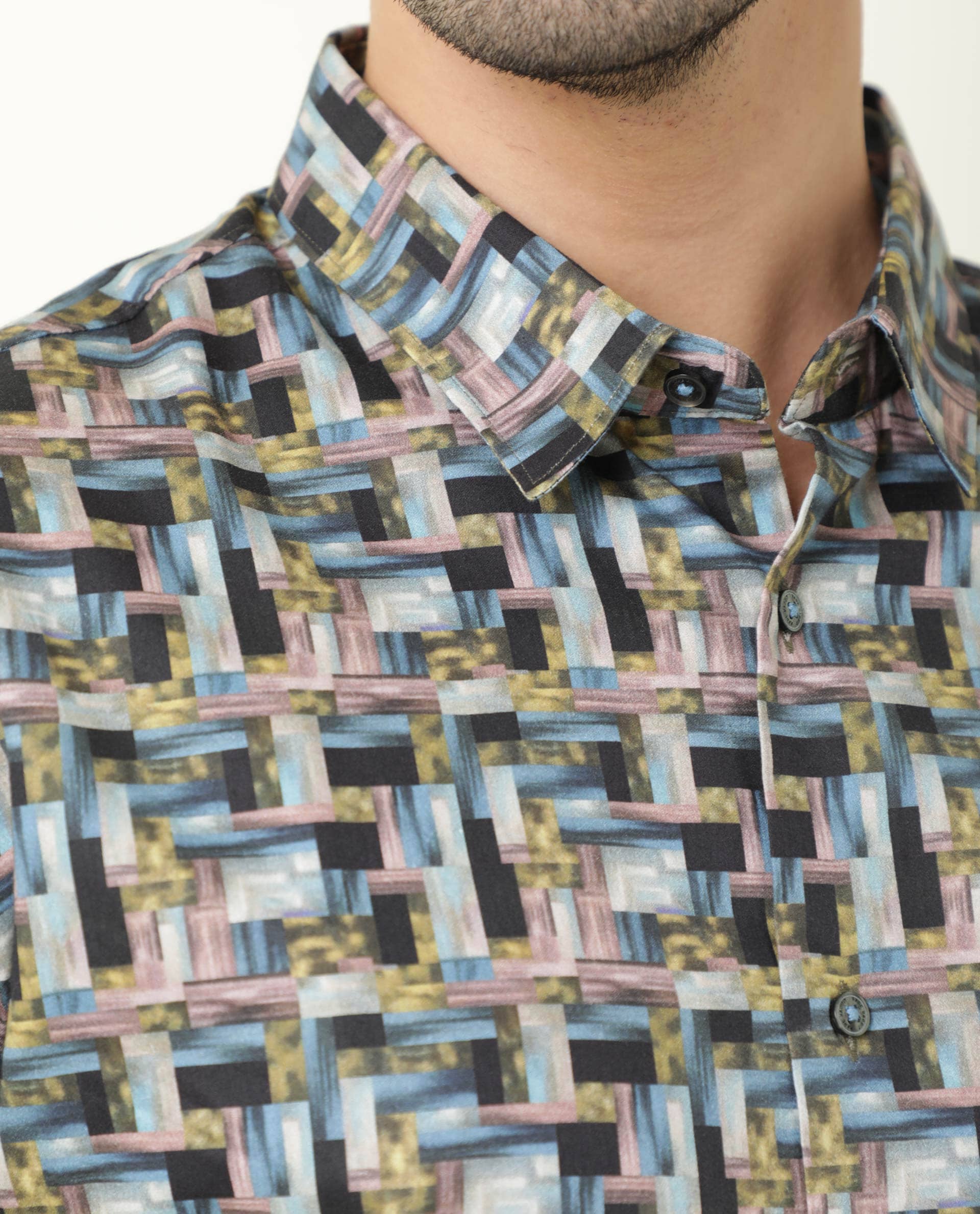 Rare Rabbit Men's Jigsawee Grey Cotton Fabric Geometric Print Full Sleeves Shirt