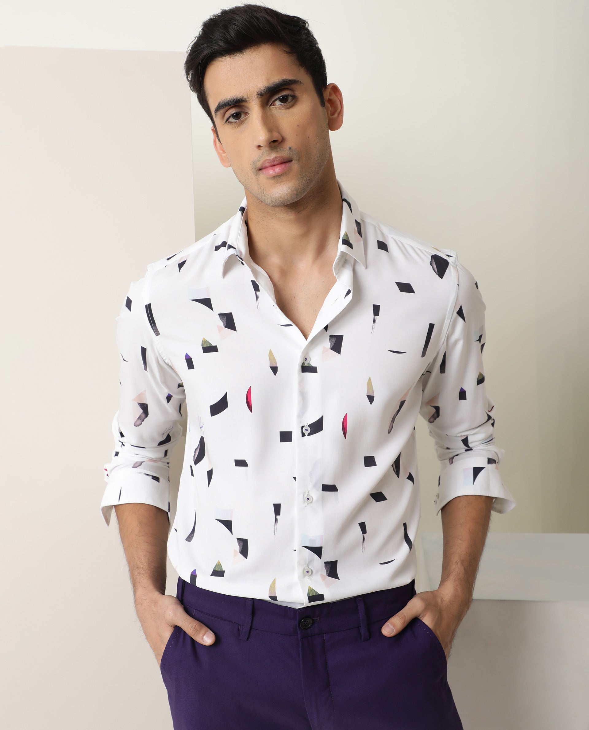 Rare Rabbit Men's Wedge White Cotton Fabric Abstract Print Full Sleeves Shirt