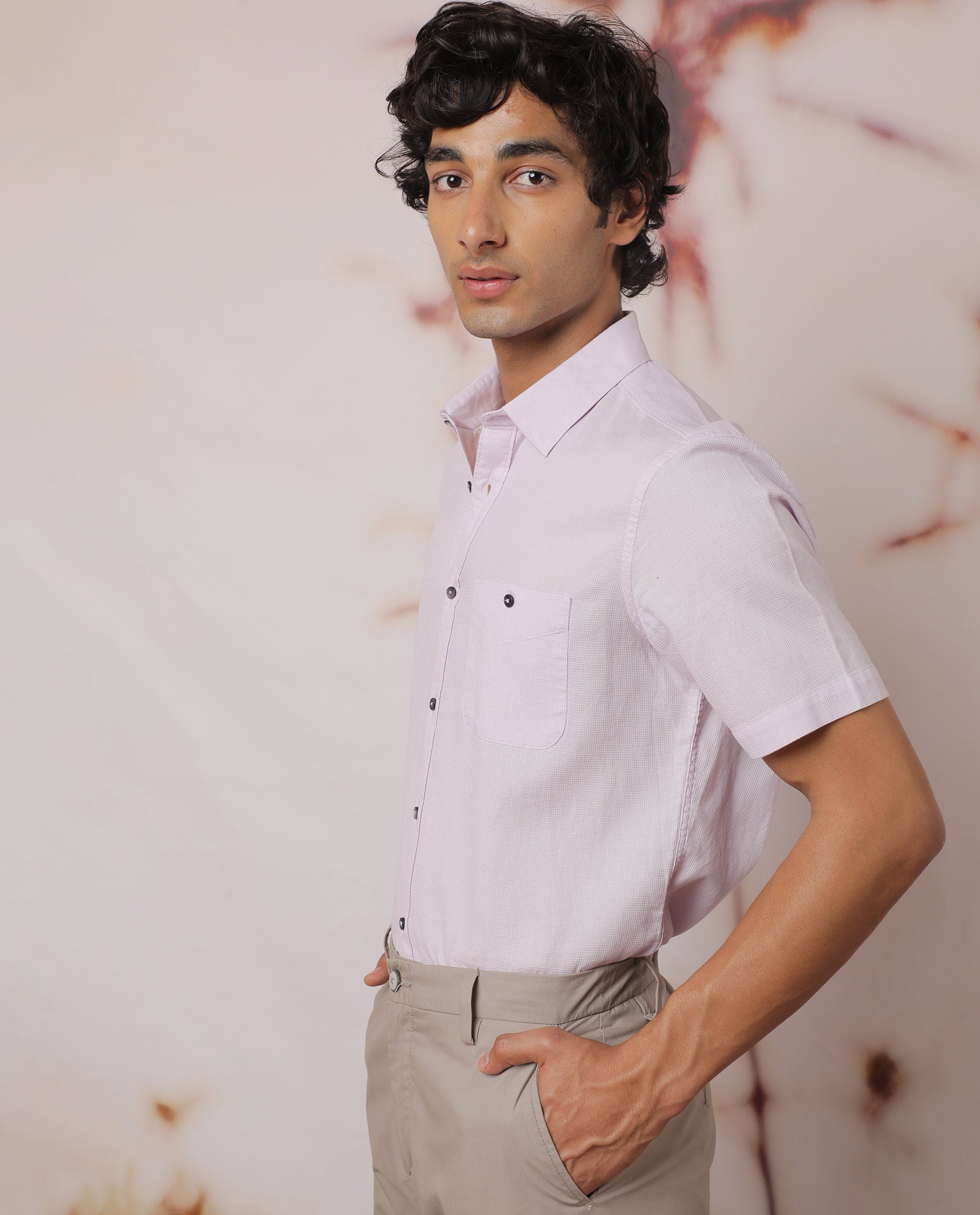 Rare Rabbit Men's Affle Pastel Purple Dobby Fabric Half Sleeves Solid Shirt