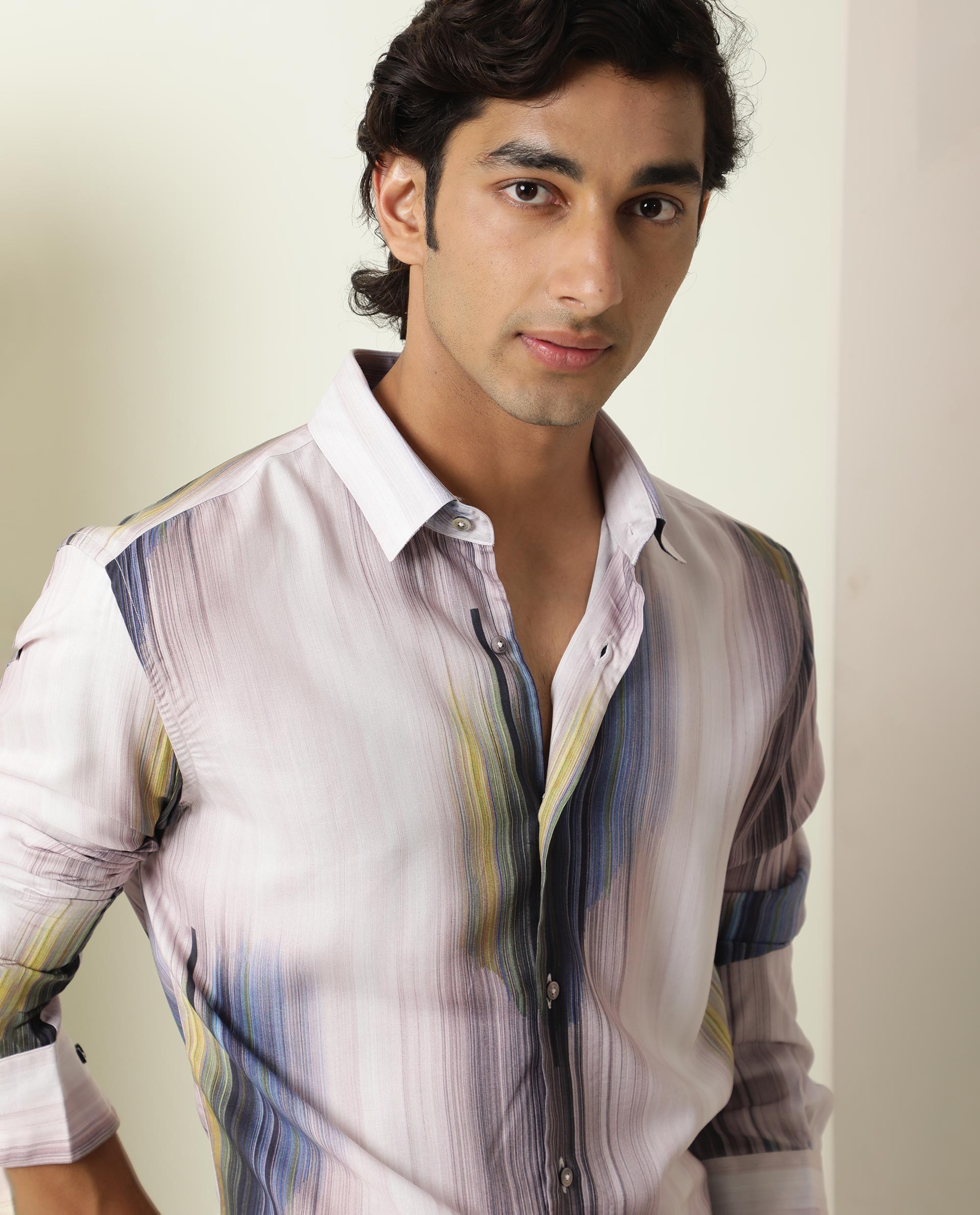 Rare Rabbit Men's Cosmoss Blue Viscose Fabric Abstract Print Full Sleeves Shirt