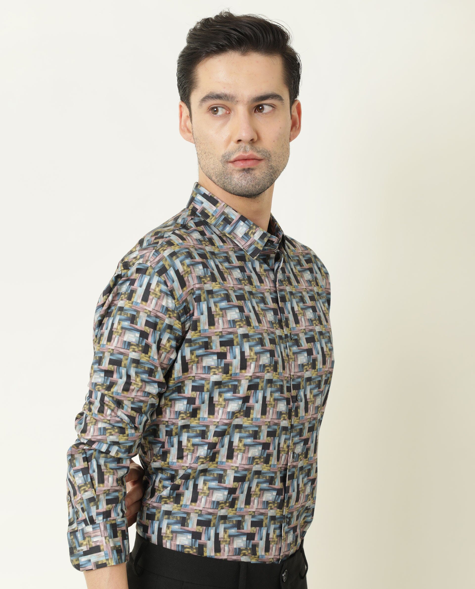 Rare Rabbit Men's Jigsawee Grey Cotton Fabric Geometric Print Full Sleeves Shirt