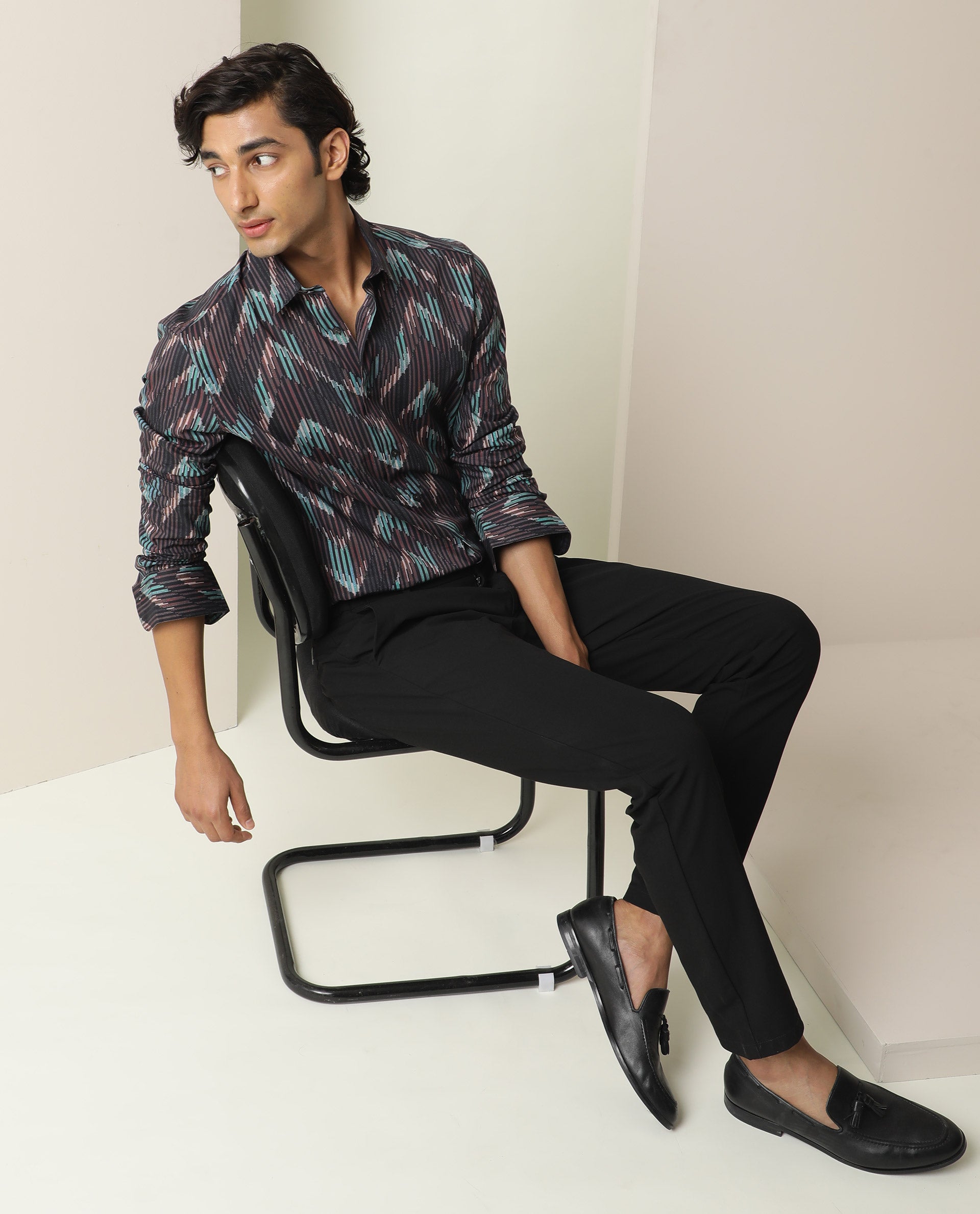 Rare Rabbit Men's Stria Brown Viscose Fabric Abstract Print Full Sleeves Shirt