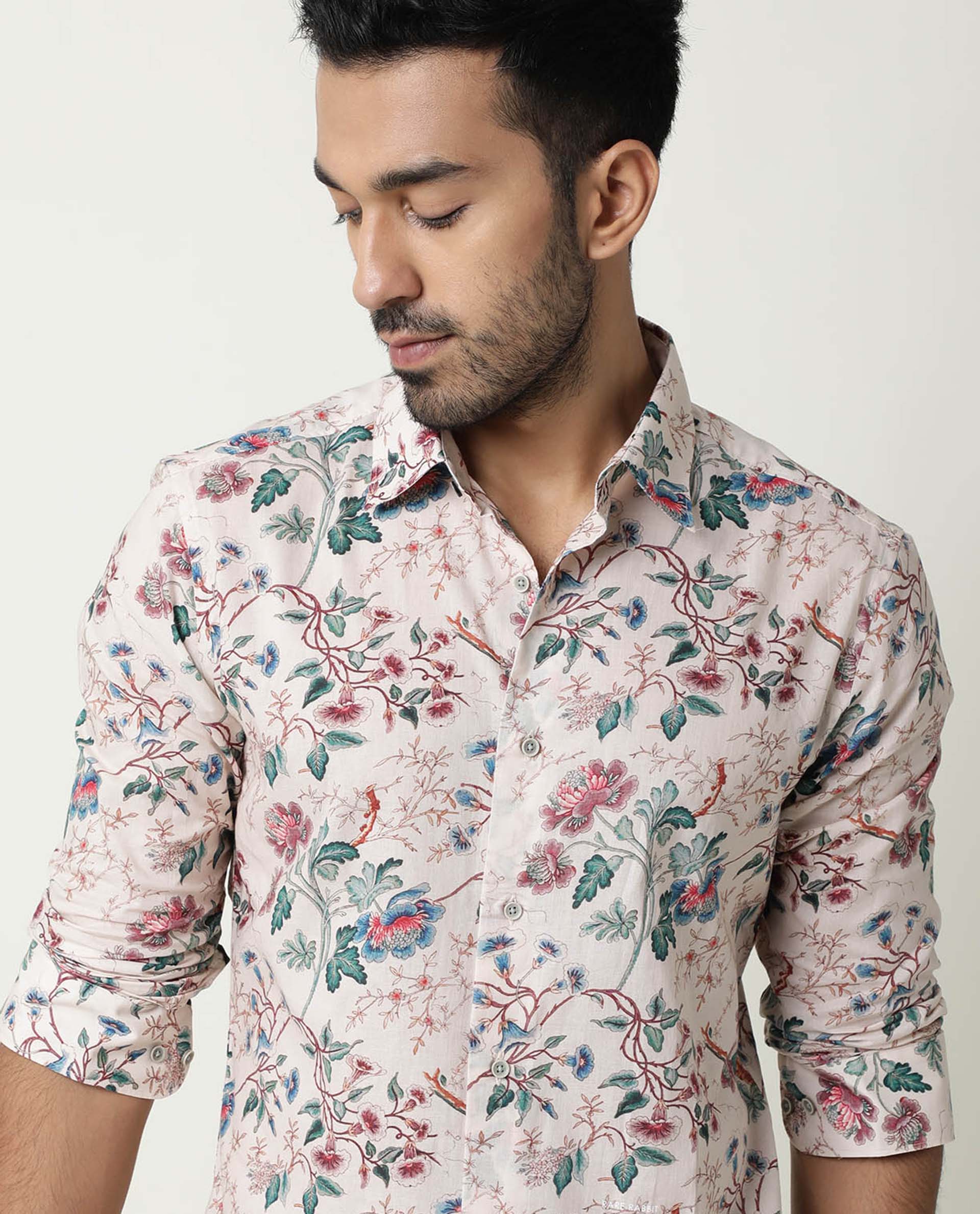 Rare Rabbit Mens Porto Beige Cotton Fabric Collared Neck Full Sleeves Regular Fit Shirt