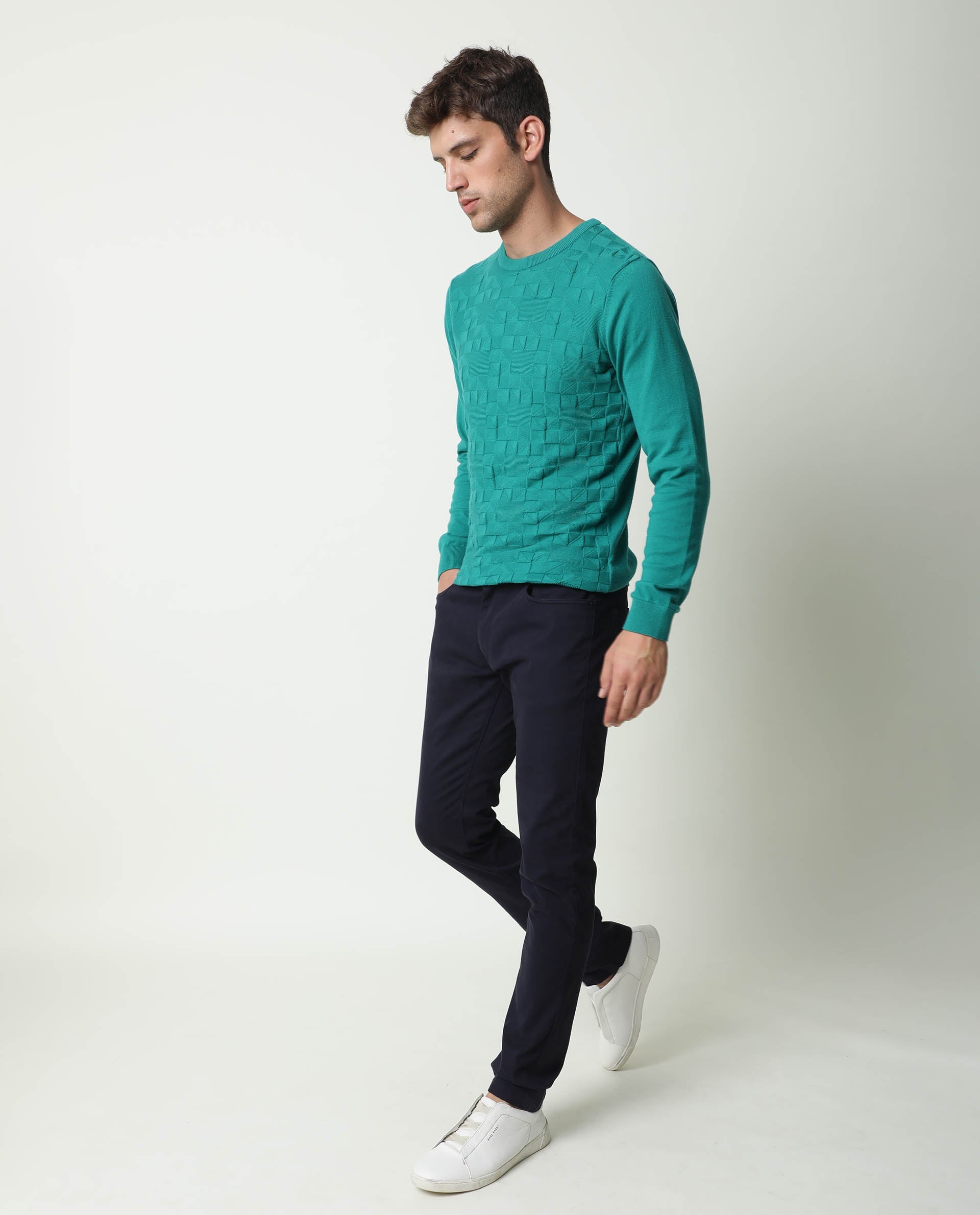 Rare Rabbit Russ Primary Green Pullover Cotton Fabric Full Sleeve Round Neck Slim Fit