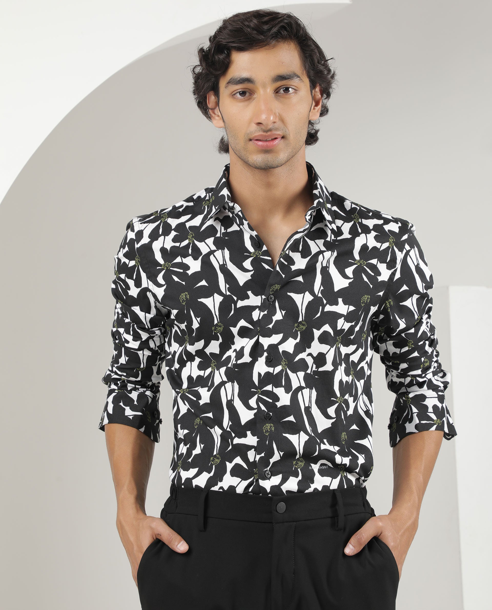 Rare Rabbit Men's Kruela Black Viscose Fabric Floral Print Full Sleeves Shirt
