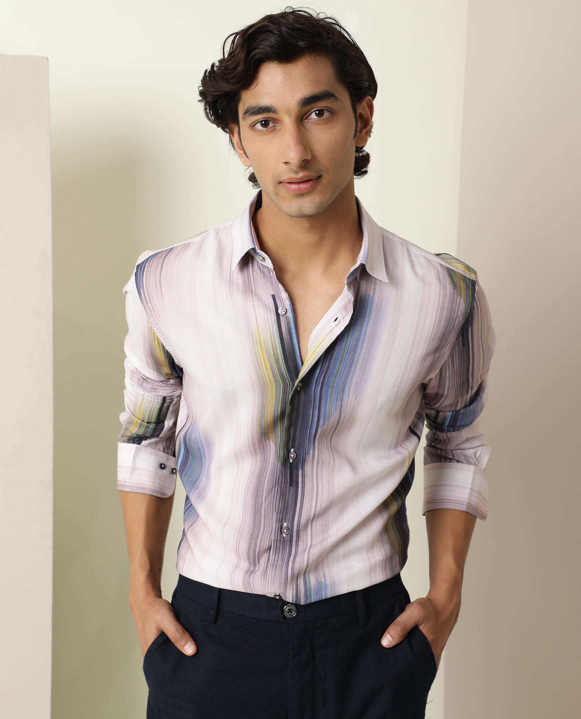 Rare Rabbit Men's Cosmoss Blue Viscose Fabric Abstract Print Full Sleeves Shirt