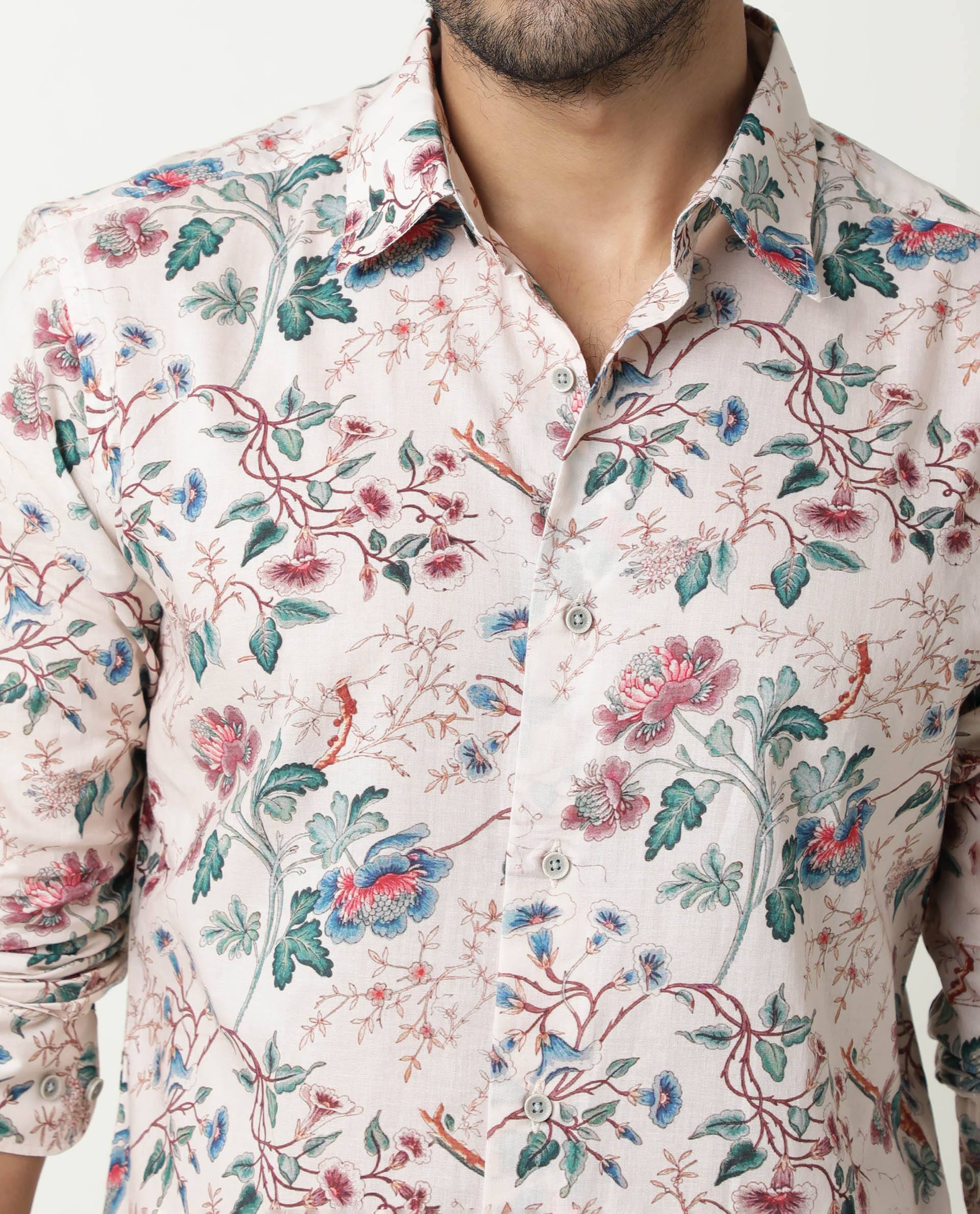 Rare Rabbit Mens Porto Beige Cotton Fabric Collared Neck Full Sleeves Regular Fit Shirt