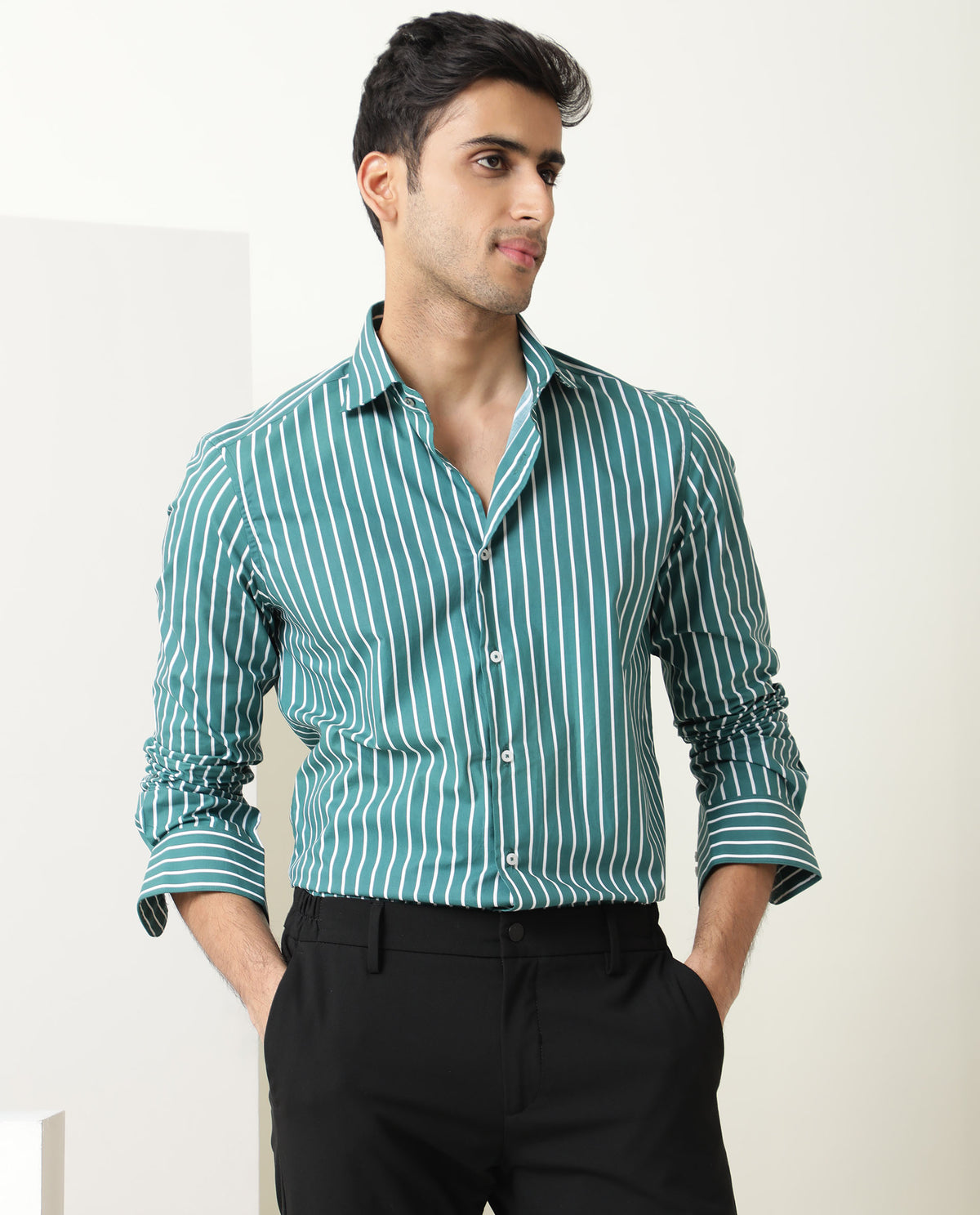 Rare Rabbit Men's Lido Green Cotton Fabric Full Sleeves Striped Shirt