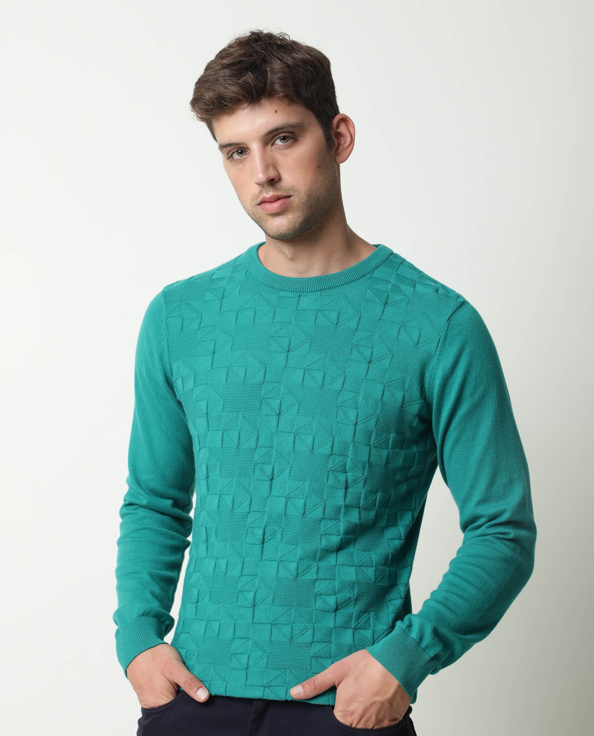 Rare Rabbit Russ Primary Green Pullover Cotton Fabric Full Sleeve Round Neck Slim Fit
